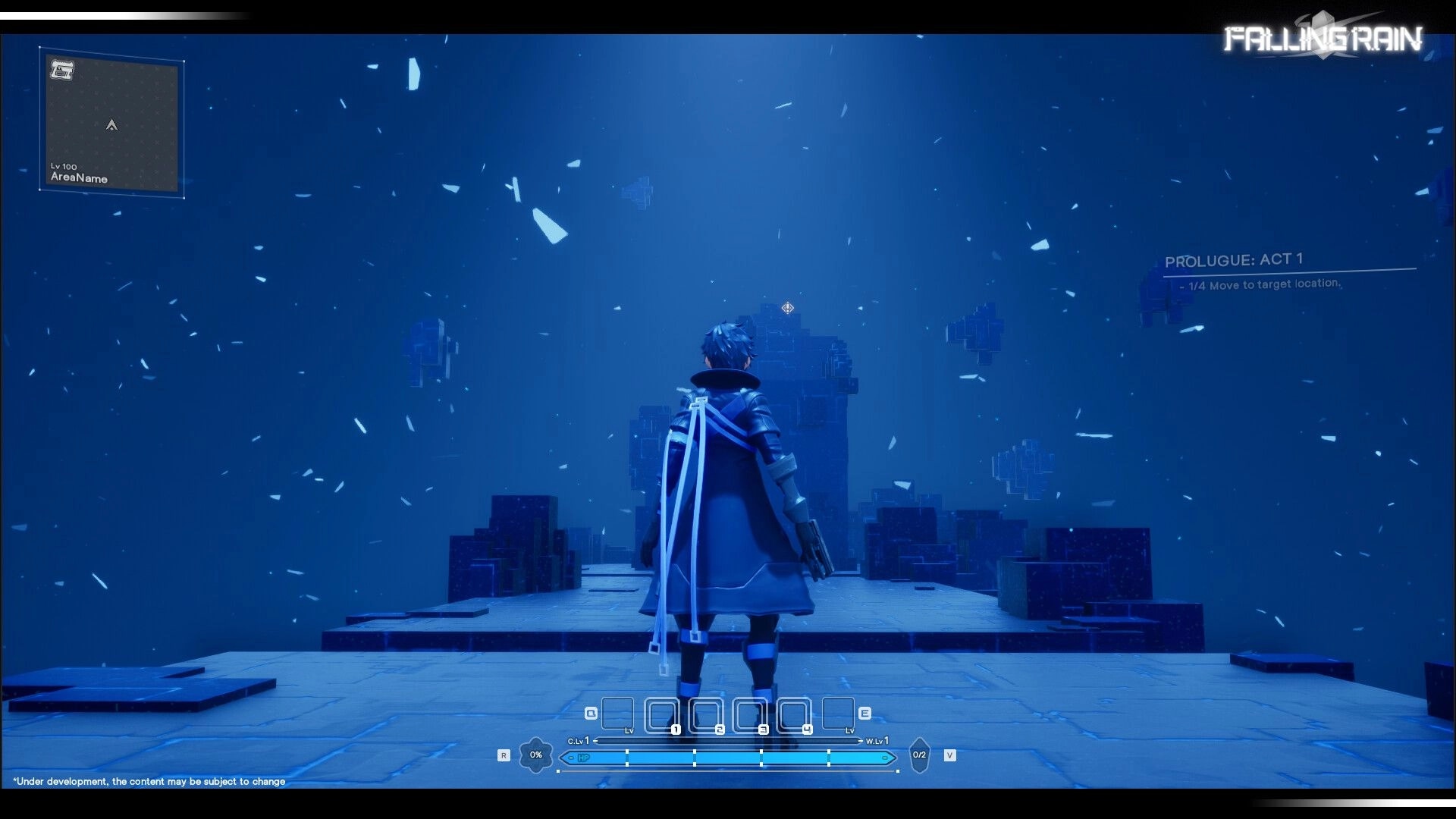 Falling Rain: Blue-haired character stands on ruined platform in blue void, quest and HUD visible.
