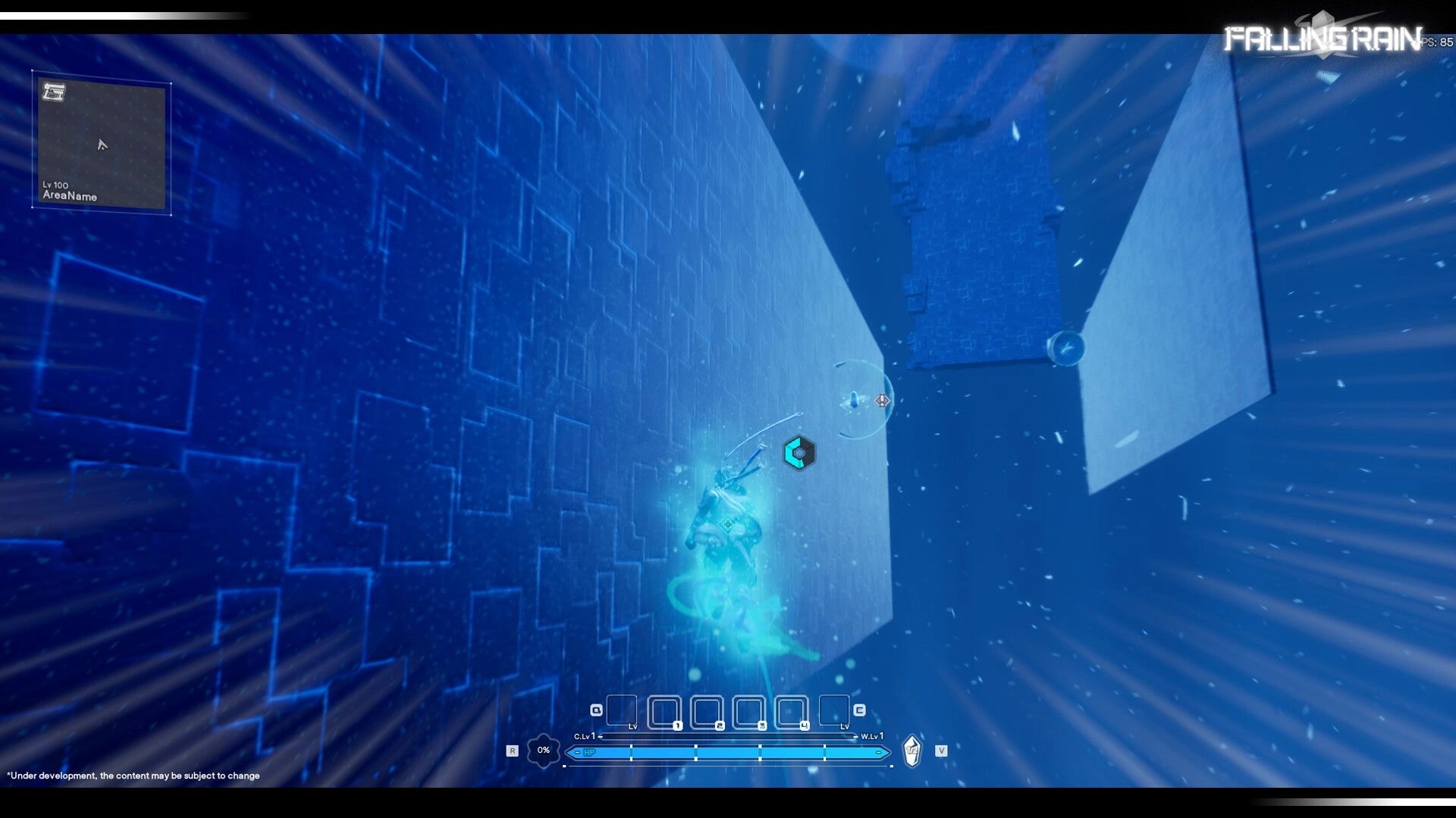 Falling Rain: Glowing player dashes through blue corridor between floating walls with minimap and HUD.