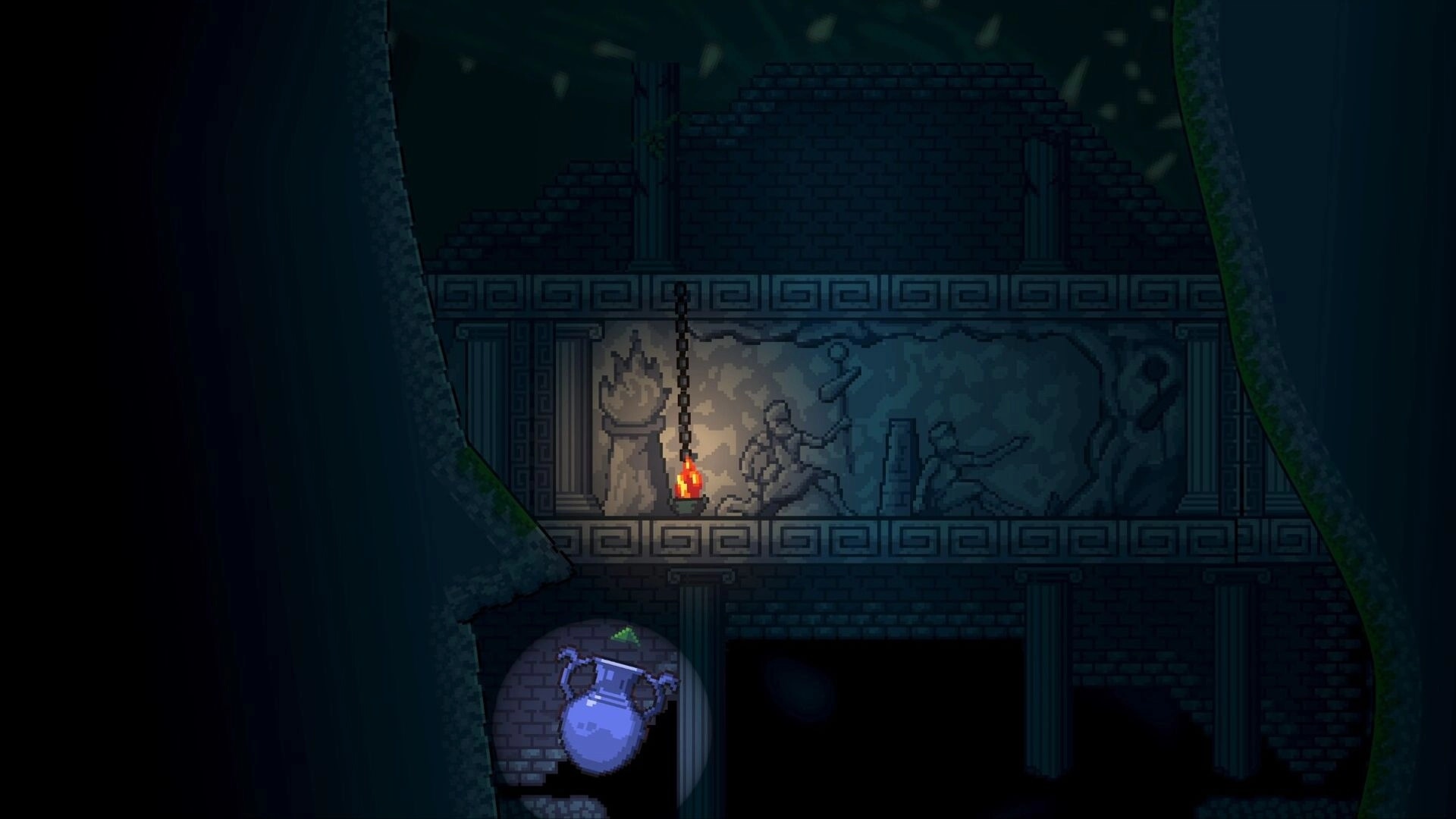 Fallosophy: Player climbs ancient ruins wall with torchlit frescoes depicting historical figures