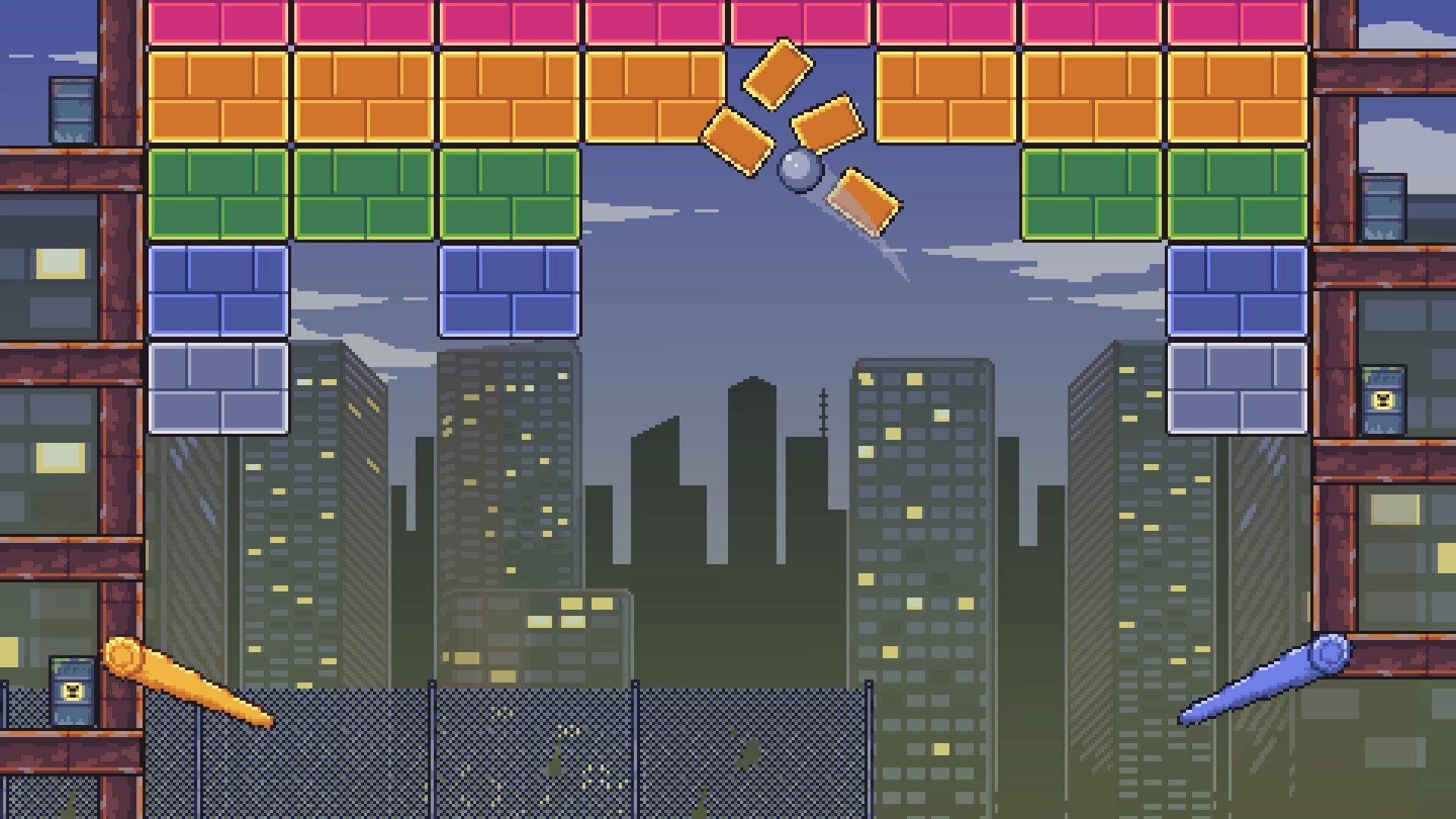 Fallosophy: Ball breaking colorful blocks with paddles in a city skyline pinball environment