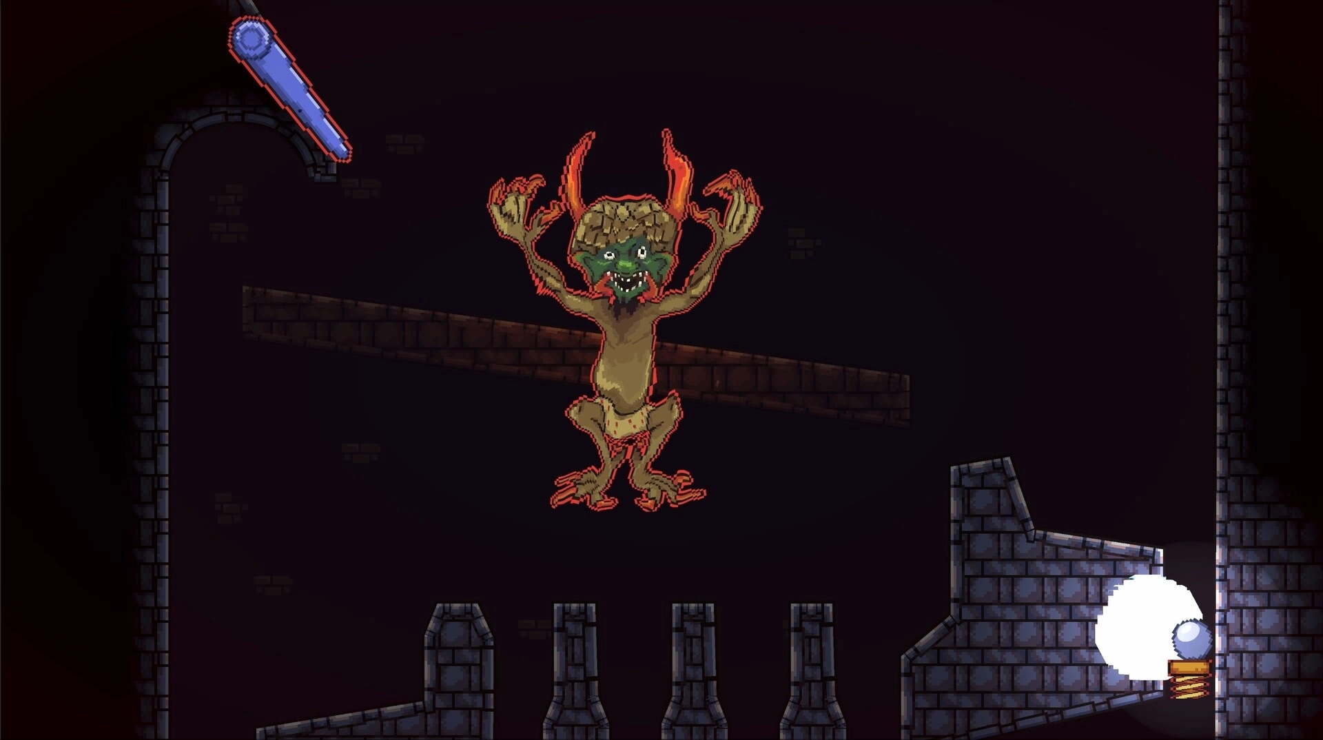 Fallosophy: A grotesque creature hovers above dark stone structures with a glowing ball on a spring platform.