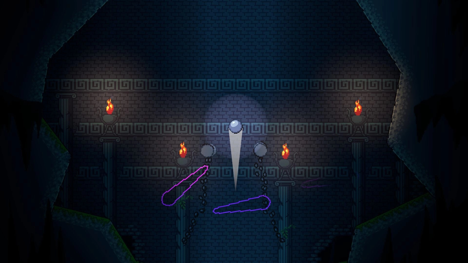 Fallosophy: Player navigates a dark, ancient stone wall with glowing flippers and torch-lit columns