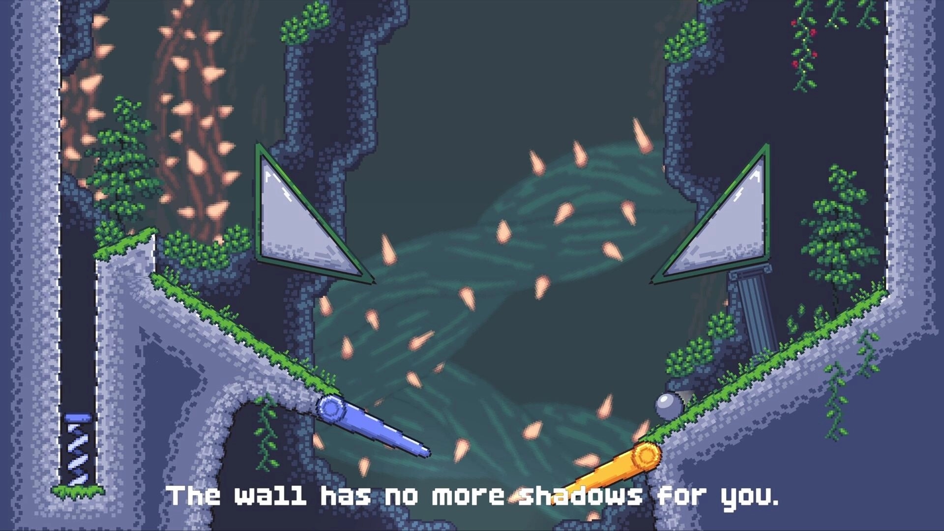 Fallosophy: Navigating flippers and obstacles on a giant pinball board in a lush, rocky environment.