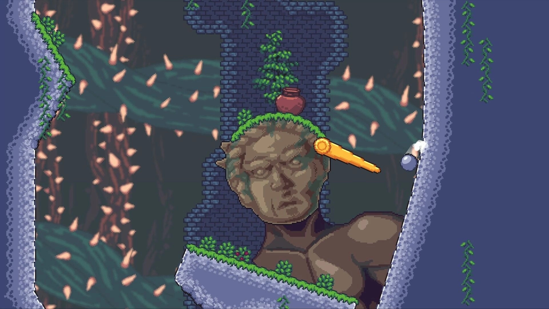 Fallosophy: Player navigates colossal statue with flipper on mossy brick platform surrounded by spikes.