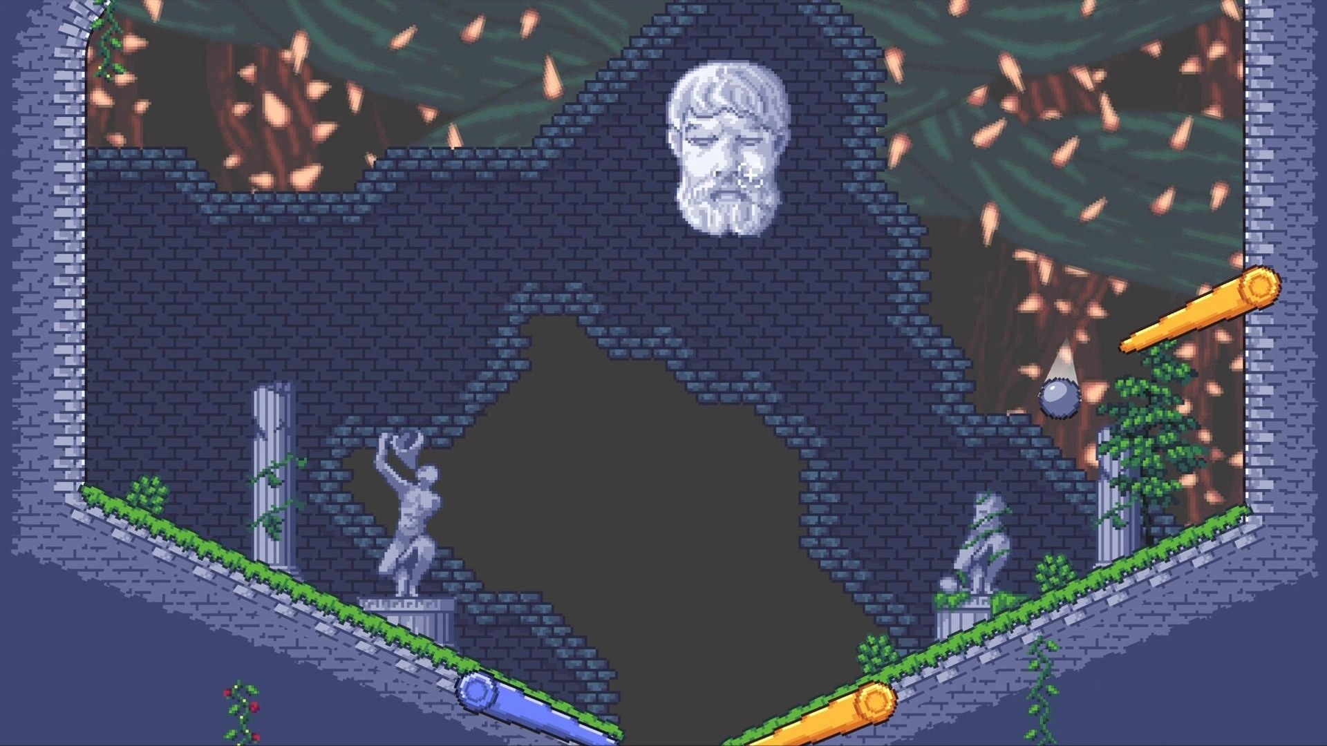 Fallosophy: Ball navigating colossal pinball table with statues, flippers, and stone wall environment