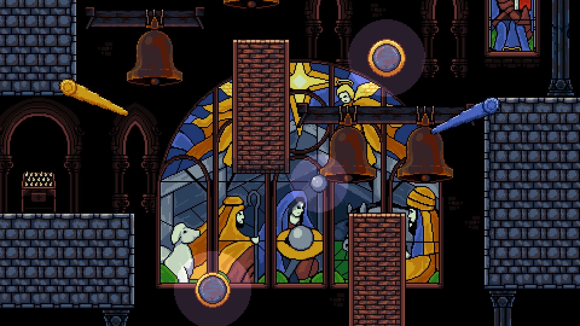 Fallosophy: Player navigates bells and stained glass in a medieval-themed pinball platforming level.