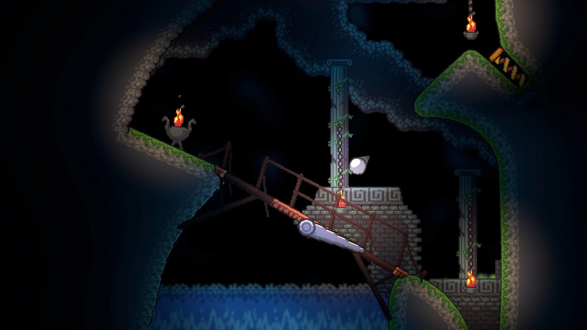 Fallosophy: Player navigates a rotating platform with torches in a cave setting with ancient pillars