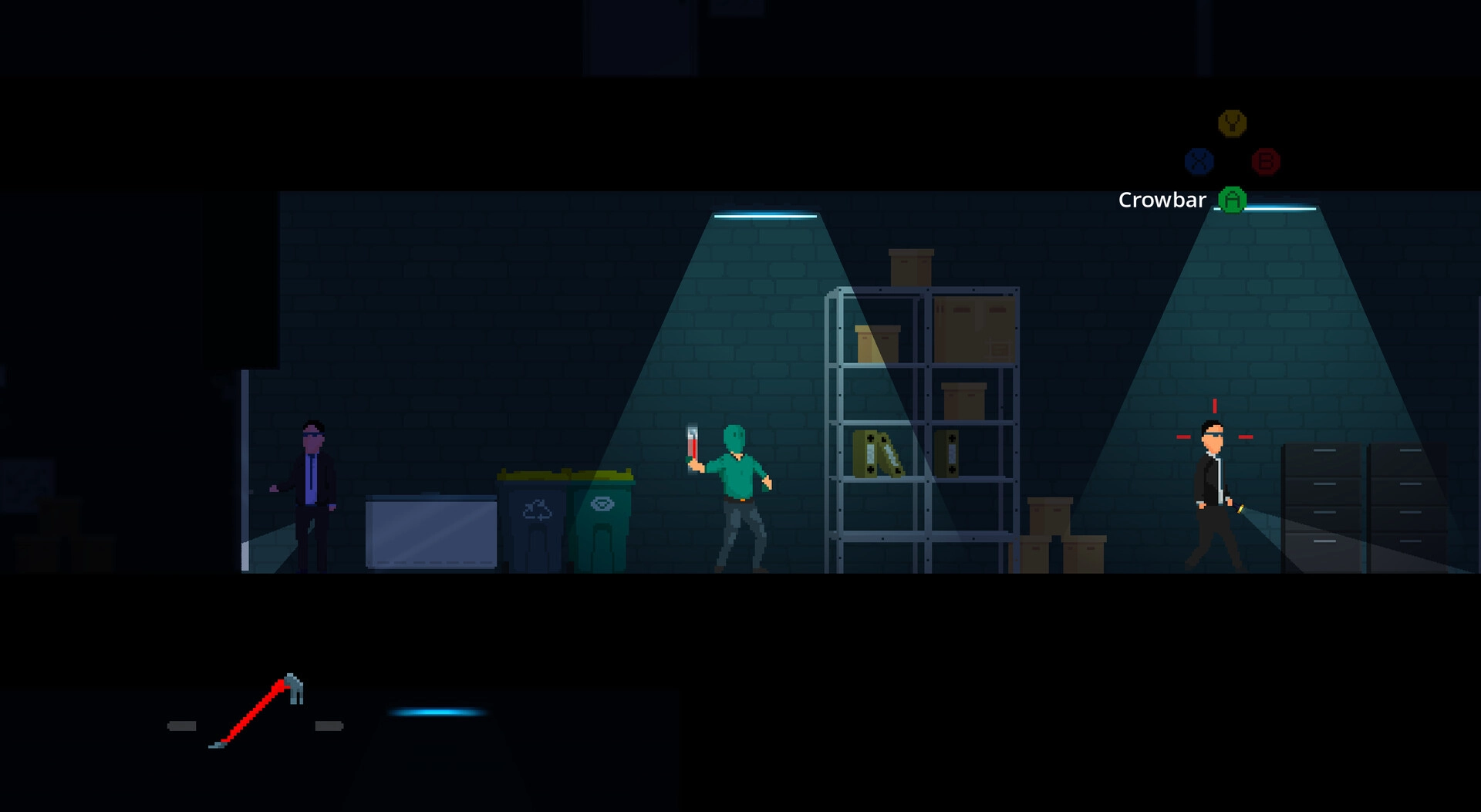 False Alarm: Player aims at guard with crowbar prompt in dim warehouse corridor with shelves and bins.