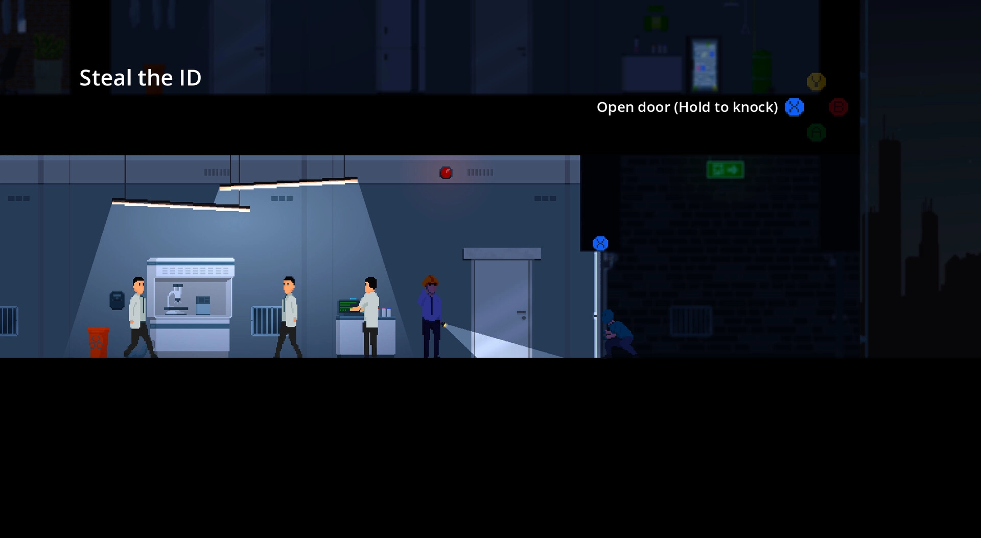 False Alarm: Sneaking by guards as objective "Steal the ID" appears in a dim lab corridor.