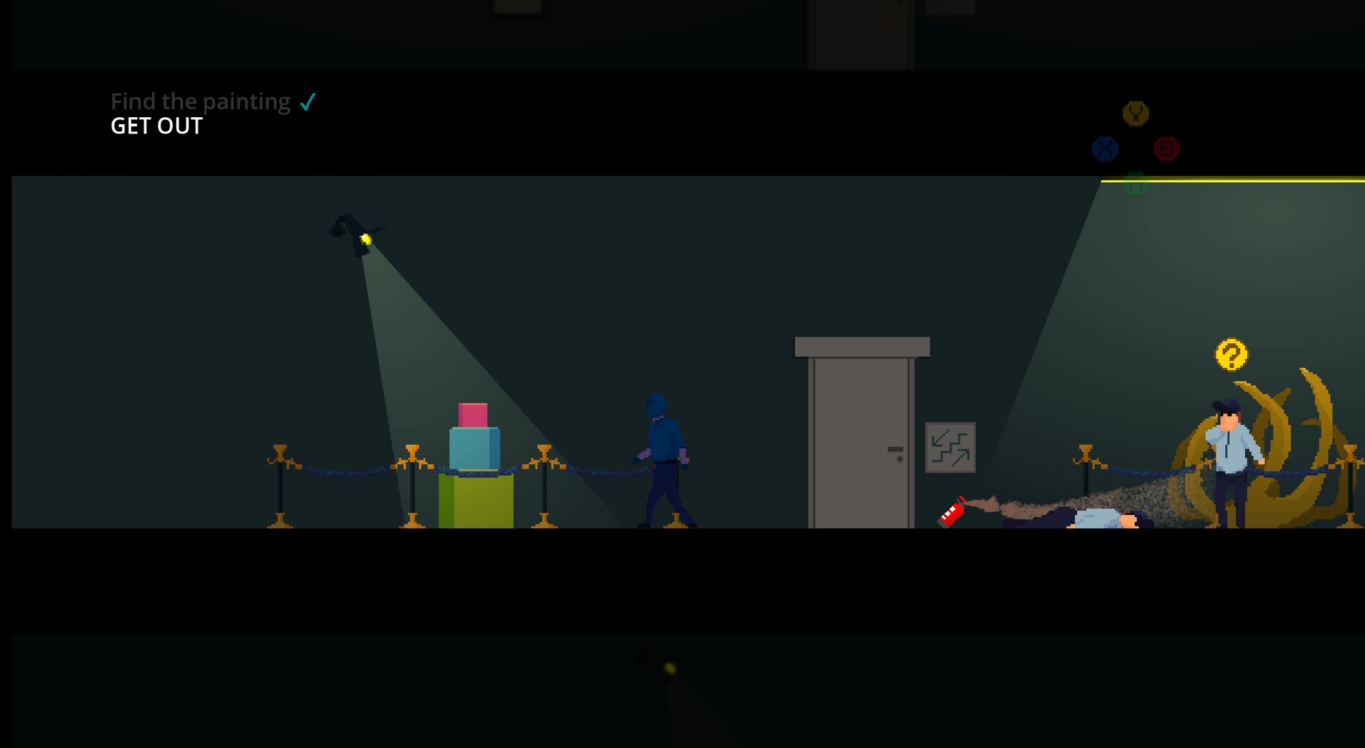 False Alarm: Guard patrols past a lit pedestal as a suspicious NPC stands by debris in a gallery hall.