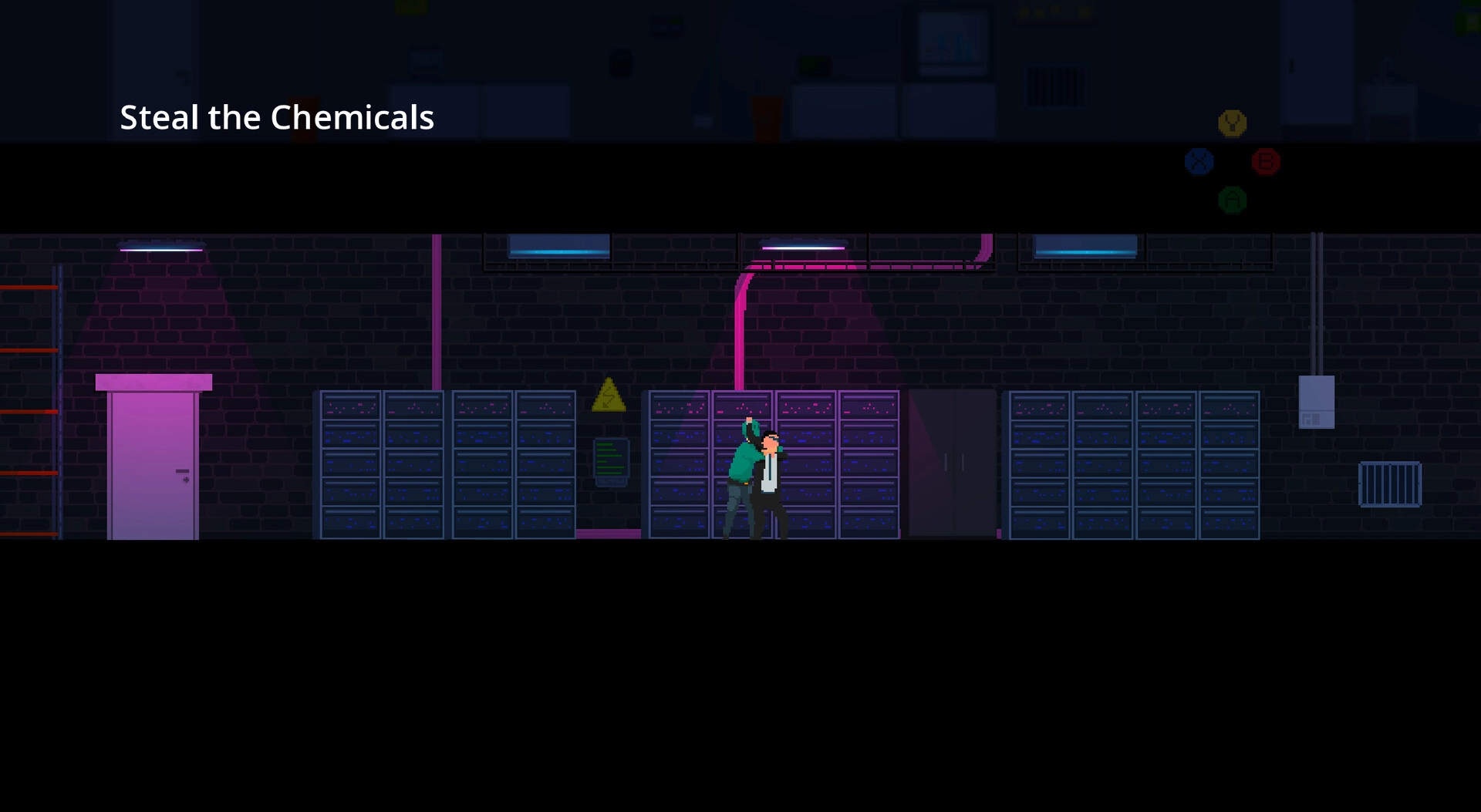 False Alarm: Objective text Steal the Chemicals as agent hides behind file cabinets in lab corridor.