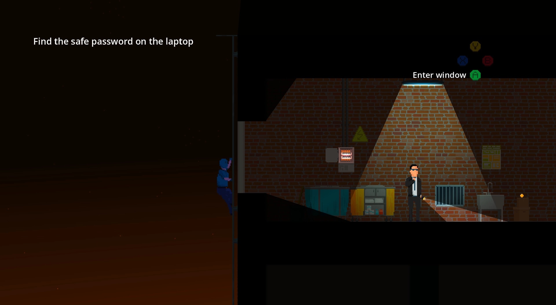 False Alarm: Objective text and enter window prompt as guard patrols a brick-walled corridor at night.