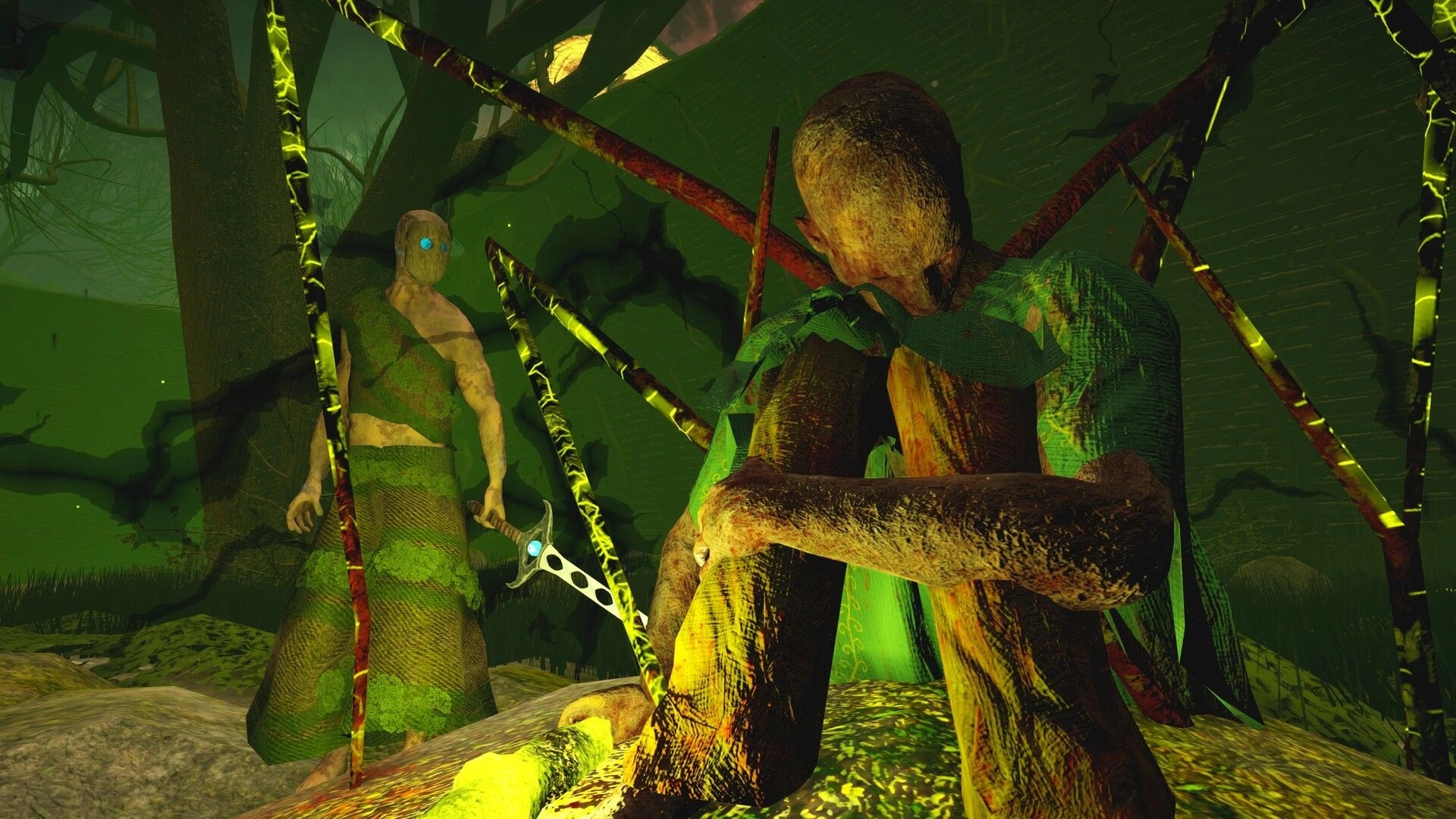 False Hero: Masked warrior holding a blade faces a seated figure amid glowing spikes in green swamp.