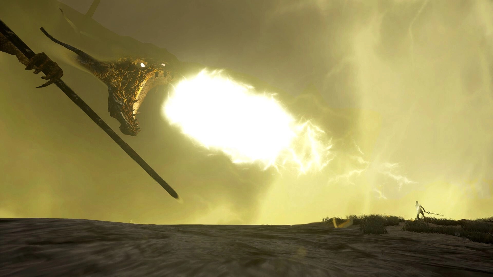 False Hero: Lone warrior faces a giant serpent spewing lightning over a stormy wasteland.