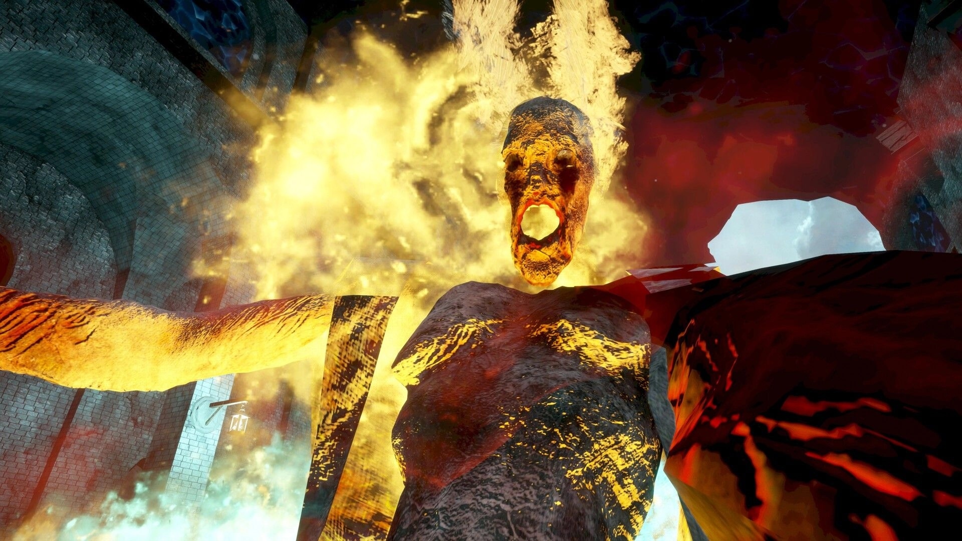 False Hero: Close-up of a flaming stone giant with arms outstretched in a ruined stone courtyard.