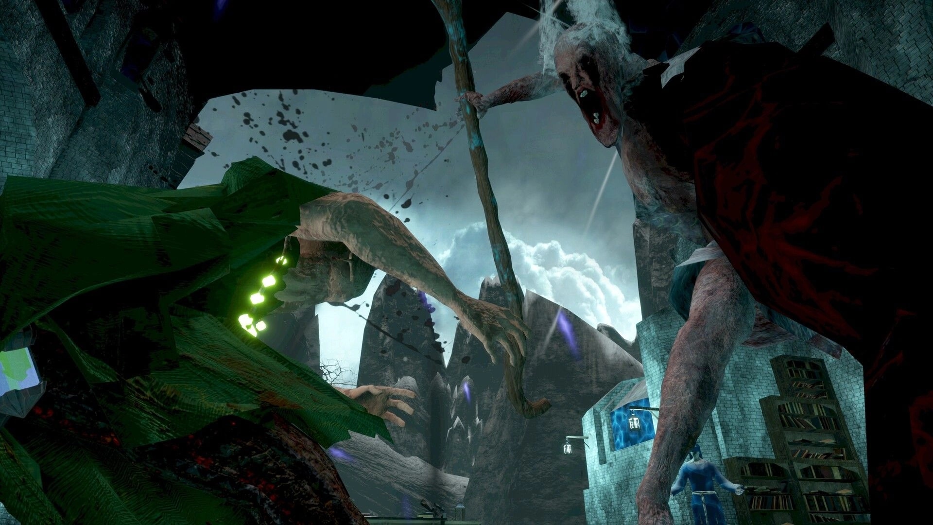 False Hero: Giant screaming monster looms over a fallen warrior in a shattered stone courtyard ruin.