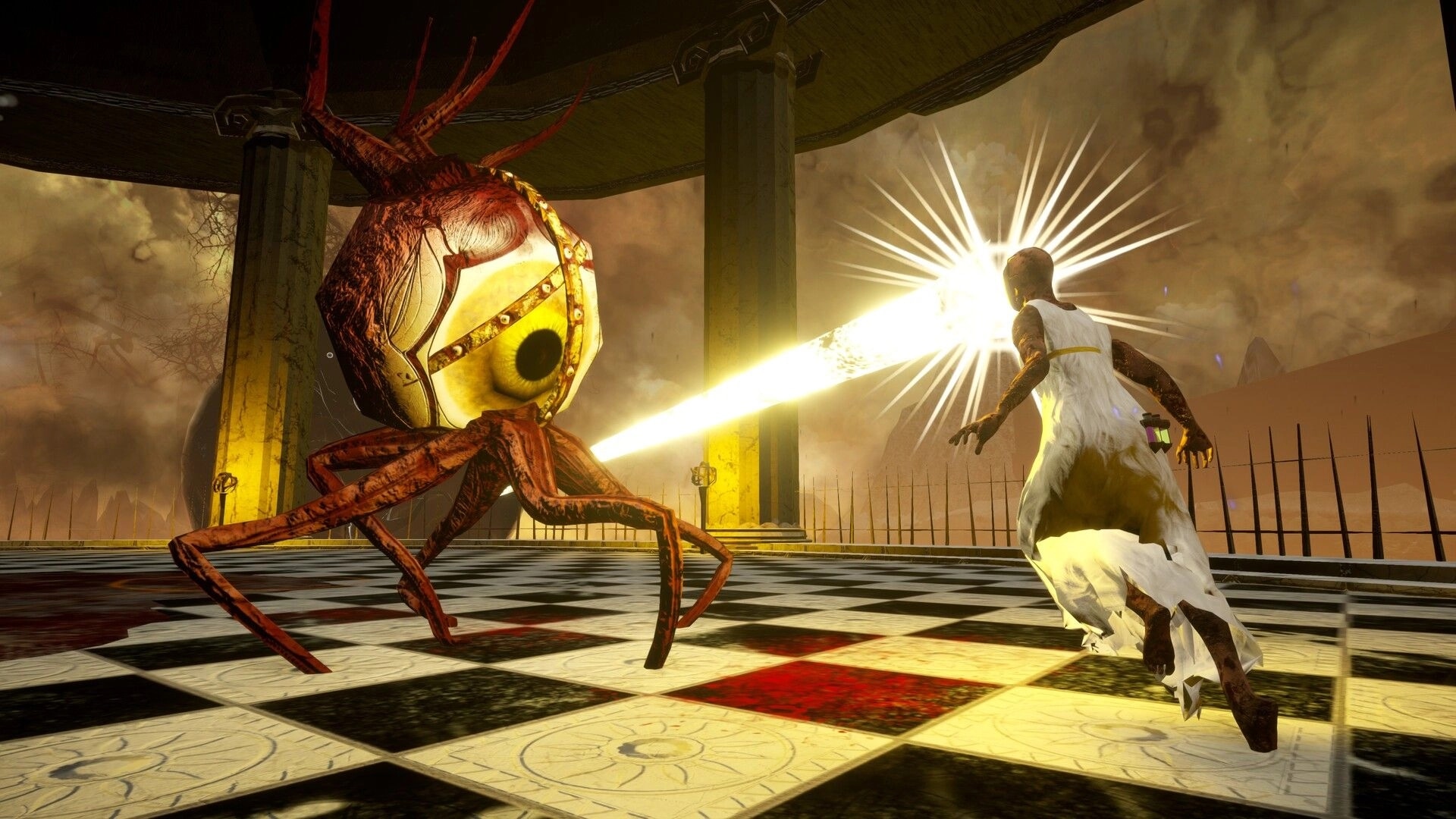 False Hero: Player dodges a giant eyeball spider firing a beam in a columned arena under stormy skies.