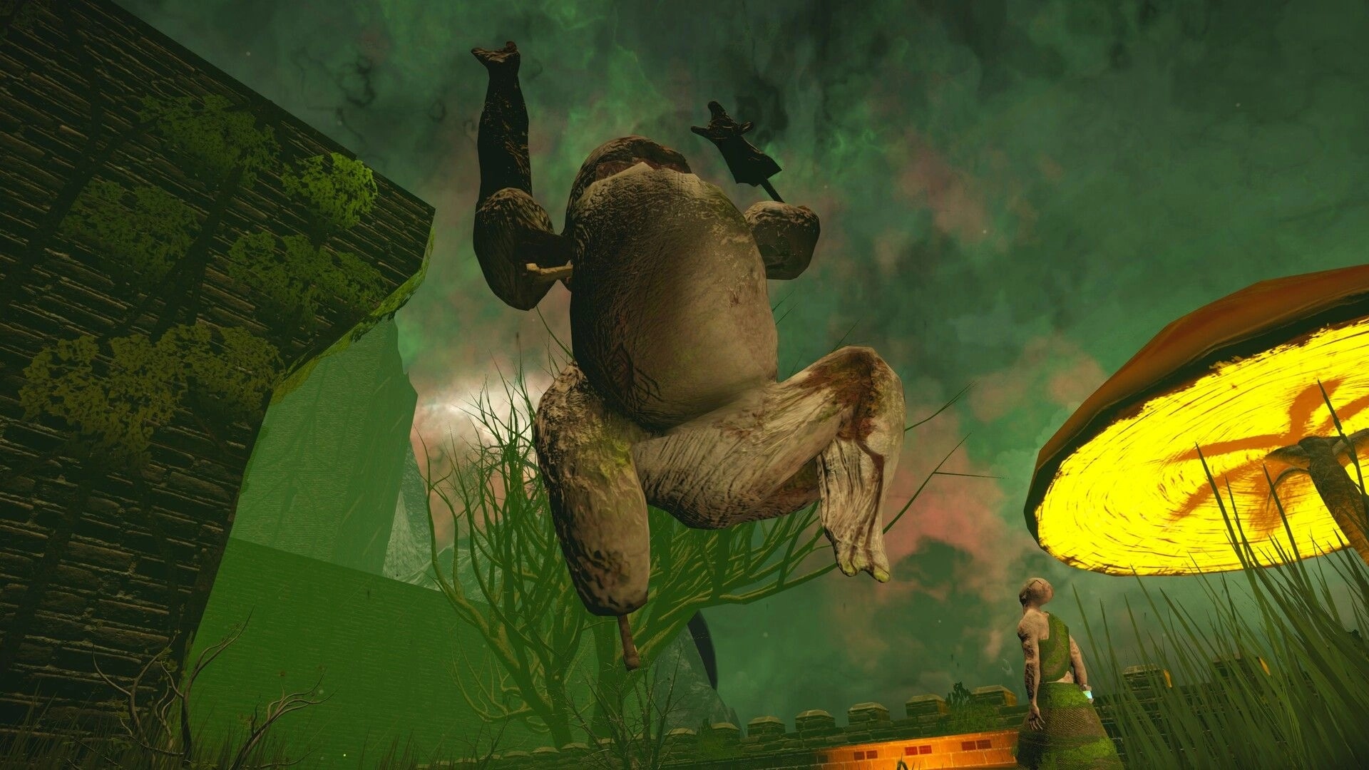False Hero: Player faces a giant floating creature near ruined walls under a green stormy sky.