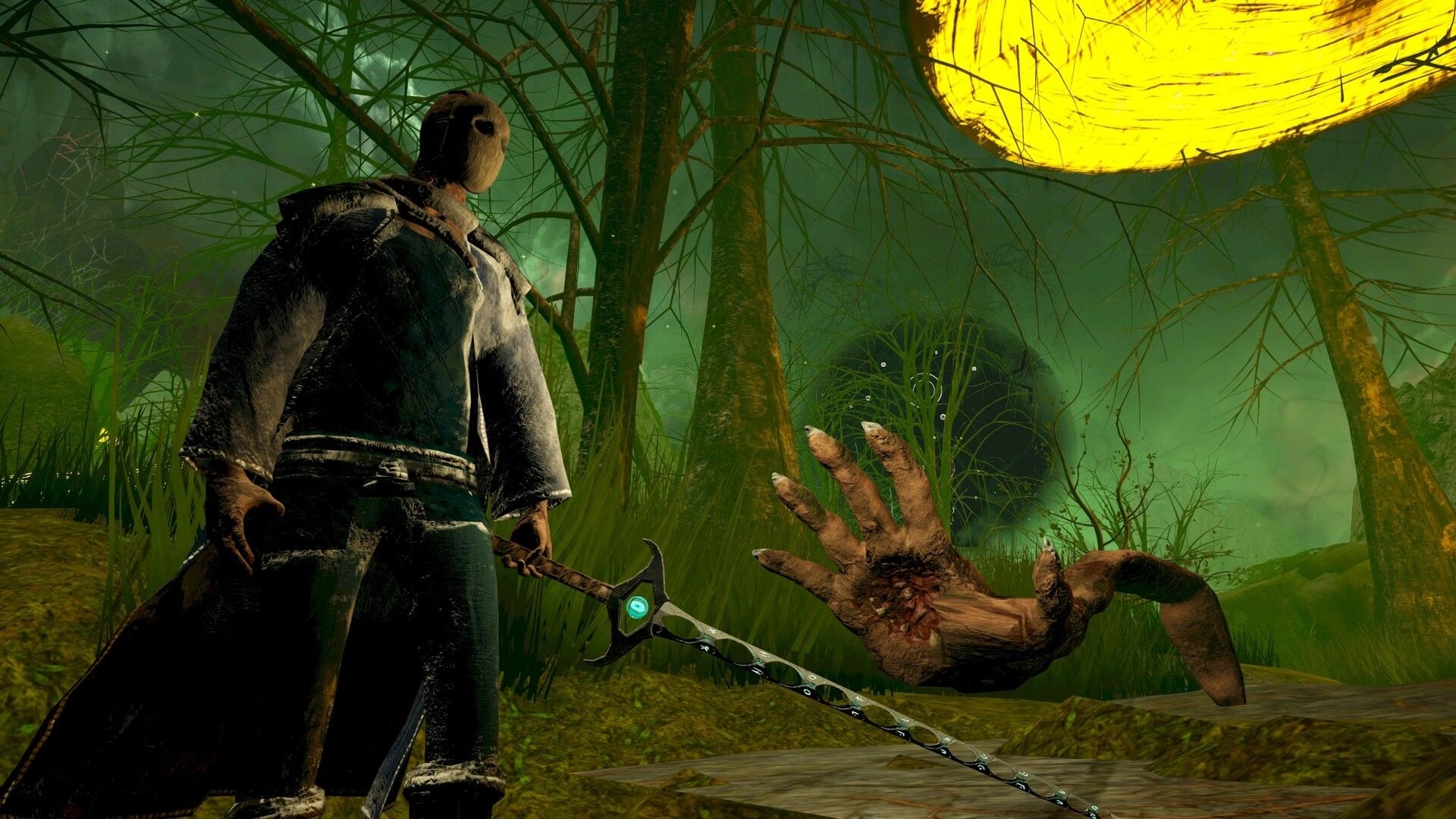 False Hero: Masked warrior with glowing spear faces giant clawed hand in murky swamp forest glow.