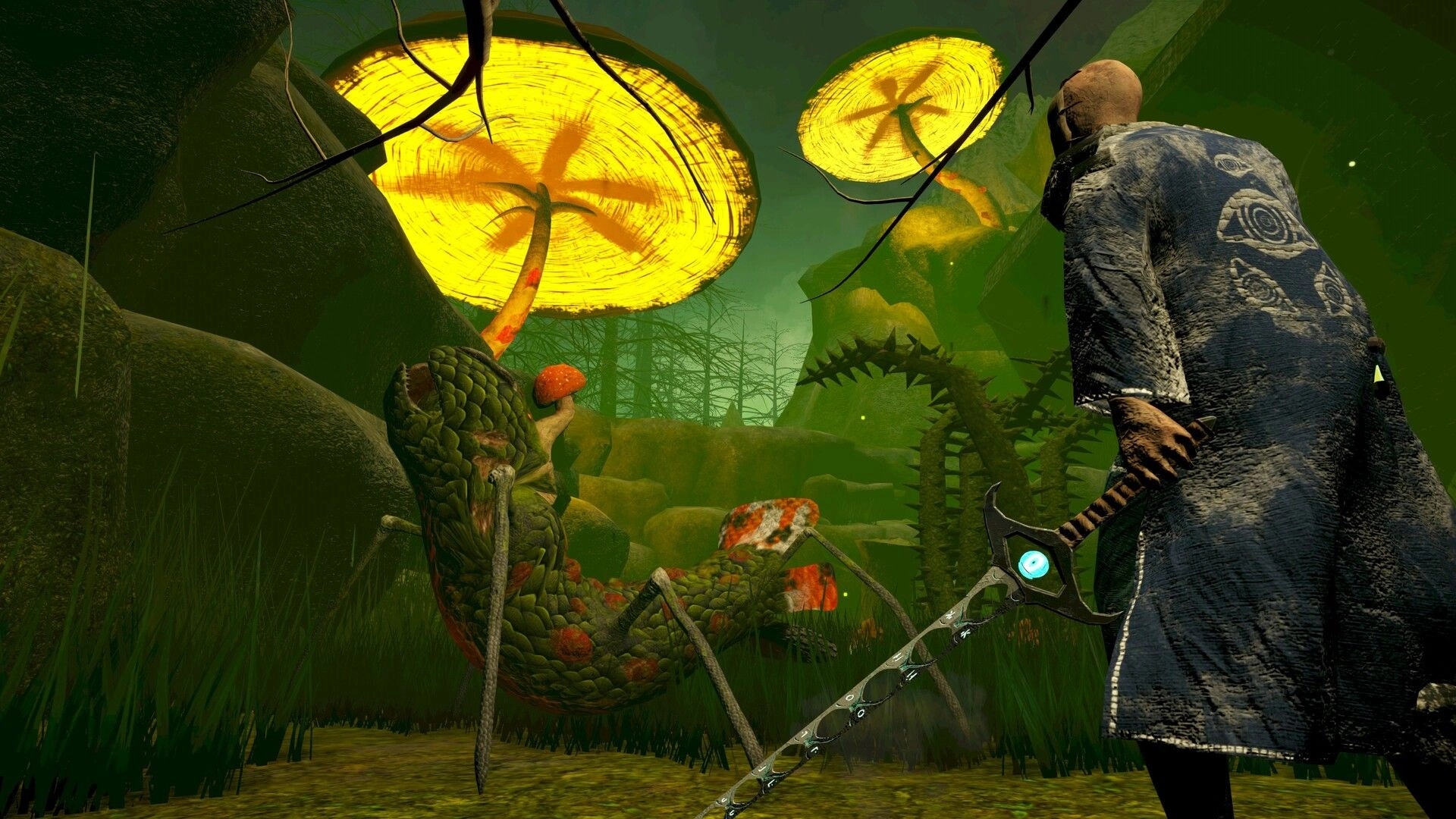 False Hero: Hooded warrior with glowing blade faces giant insect under huge yellow mushrooms in swamp.