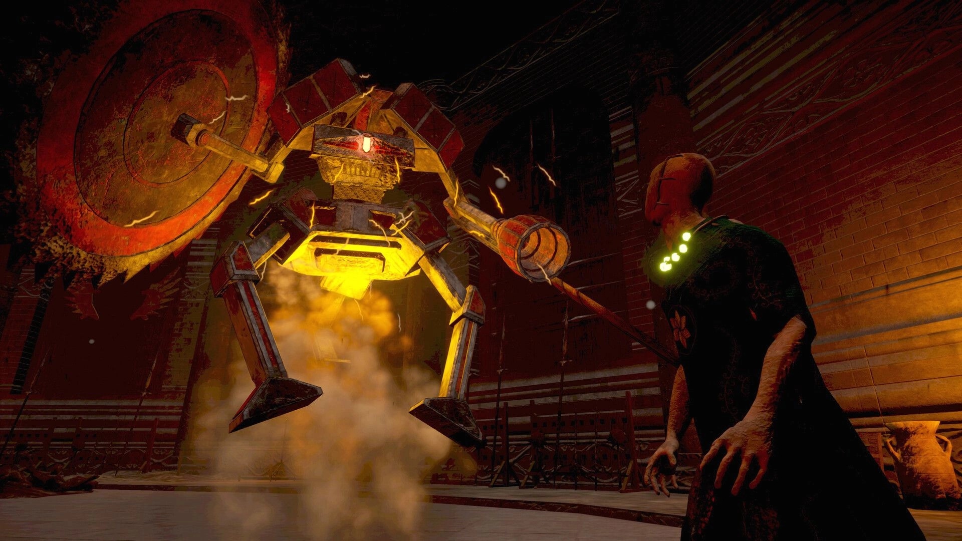 False Hero: Player faces a sparking hammer-wielding mech in a red industrial arena with smoke.