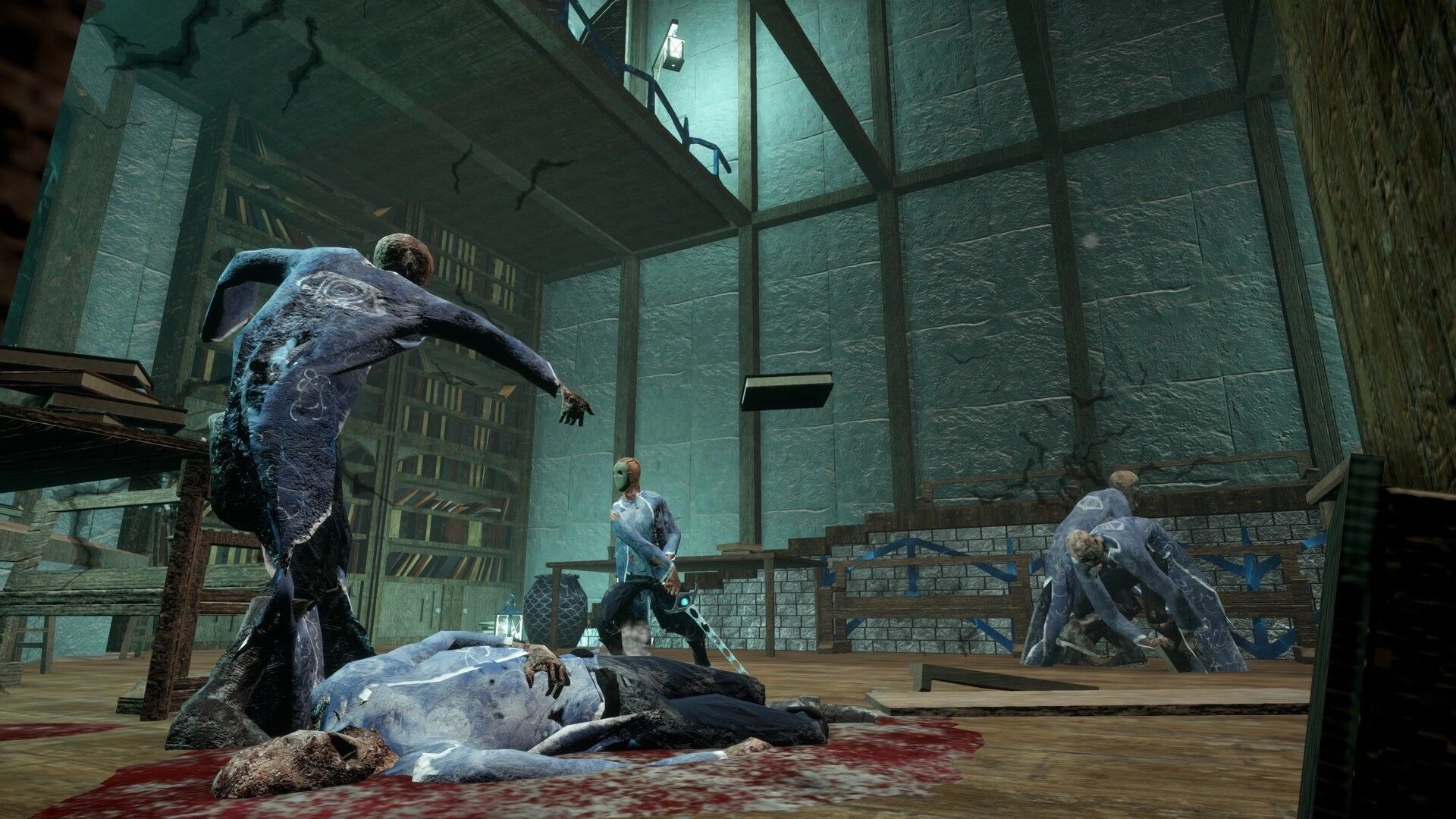 False Hero: Player faces ghostly enemies and a corpse-strewn floor inside a ruined library hall.