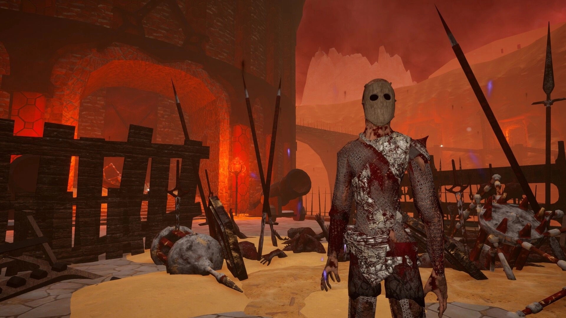 False Hero: Bloodied masked warrior stands amid spears and debris in a fiery ruined fortress courtyard.