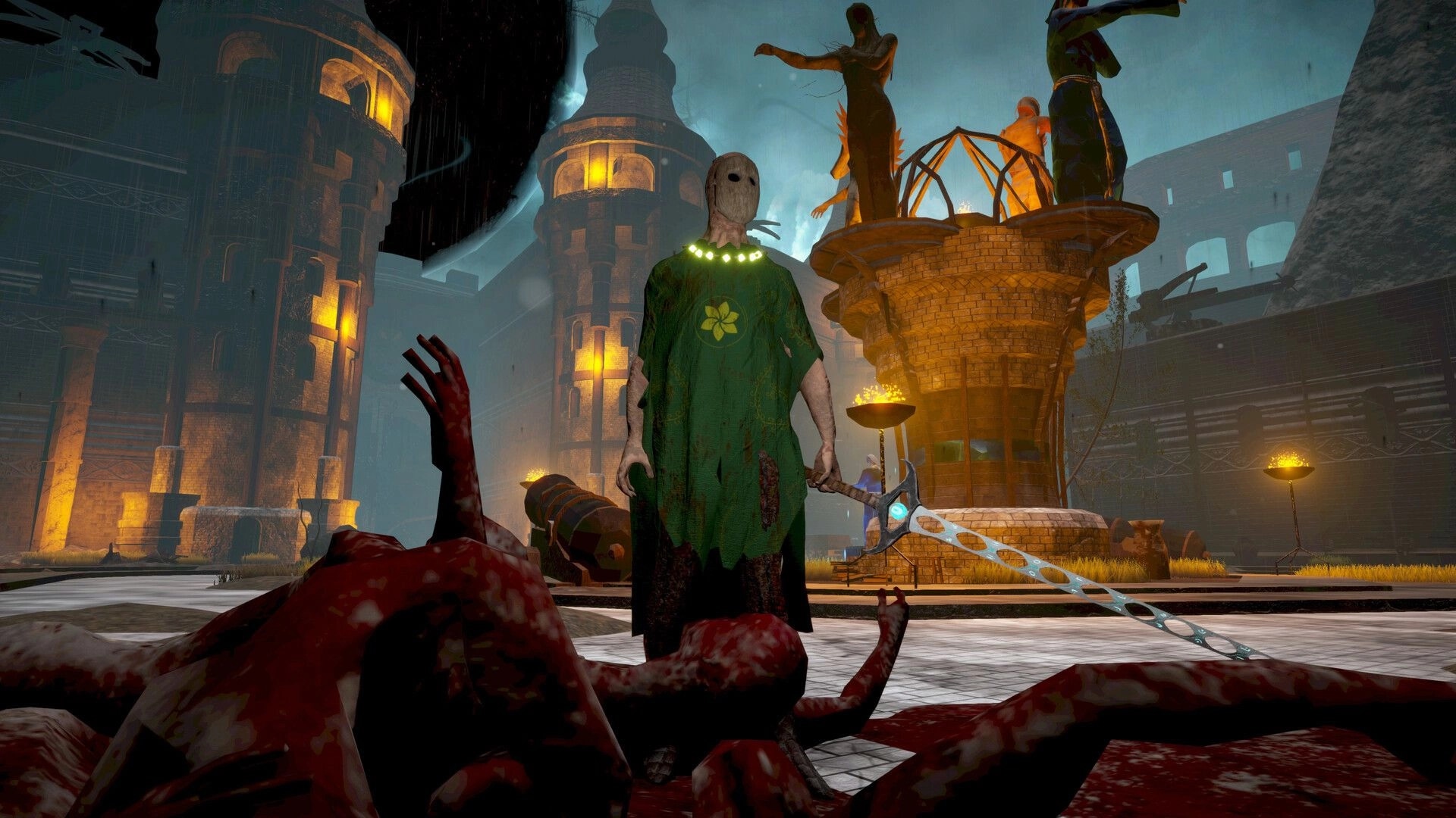False Hero: Masked warrior holding a glowing blade over a fallen foe in a torchlit fortress courtyard.