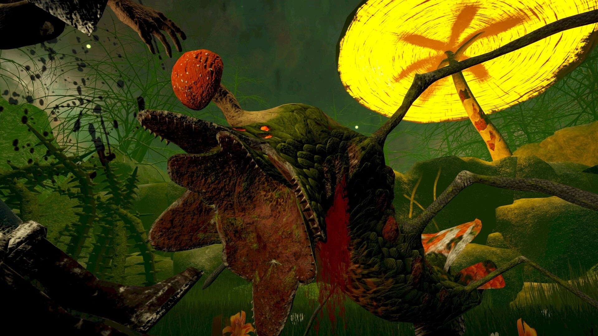 False Hero: Close-up of a snarling reptilian monster amid giant mushrooms in a green swamp cave.