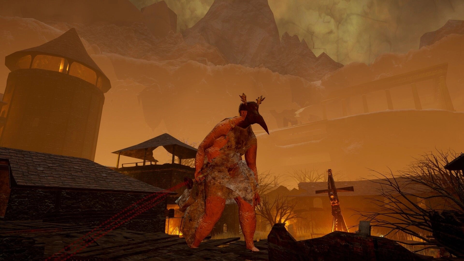 False Hero: Masked brute enemy stands near rooftops and gallows under an orange, smoky sky.