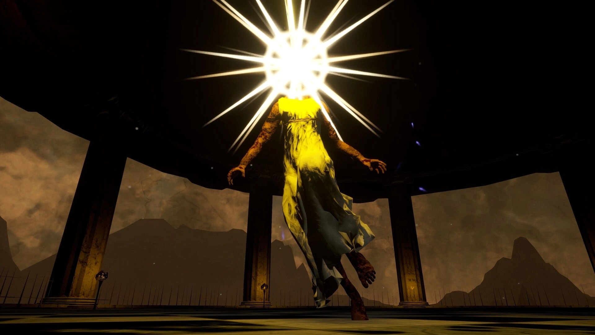 False Hero: Glowing humanoid with starburst head floating in a dark colonnade arena under stormy skies.