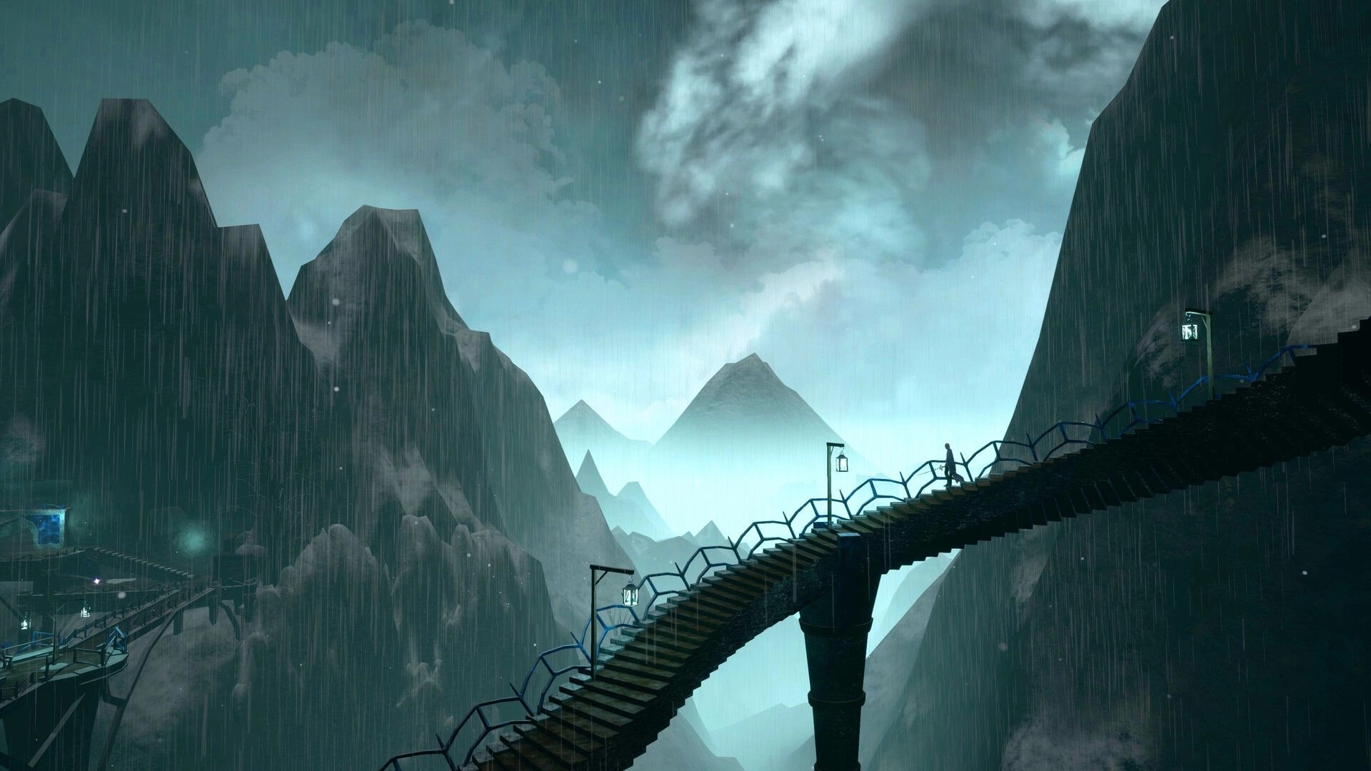 False Hero: Lone character crossing a steep bridge with lanterns in a rainy mountain canyon.