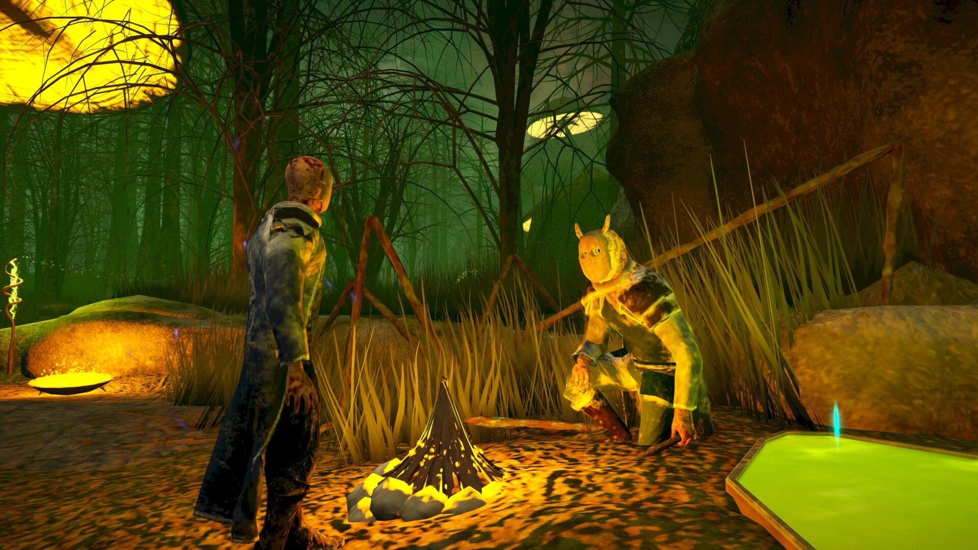 False Hero: Player faces kneeling masked NPC by campfire in eerie swamp forest with glowing pools.