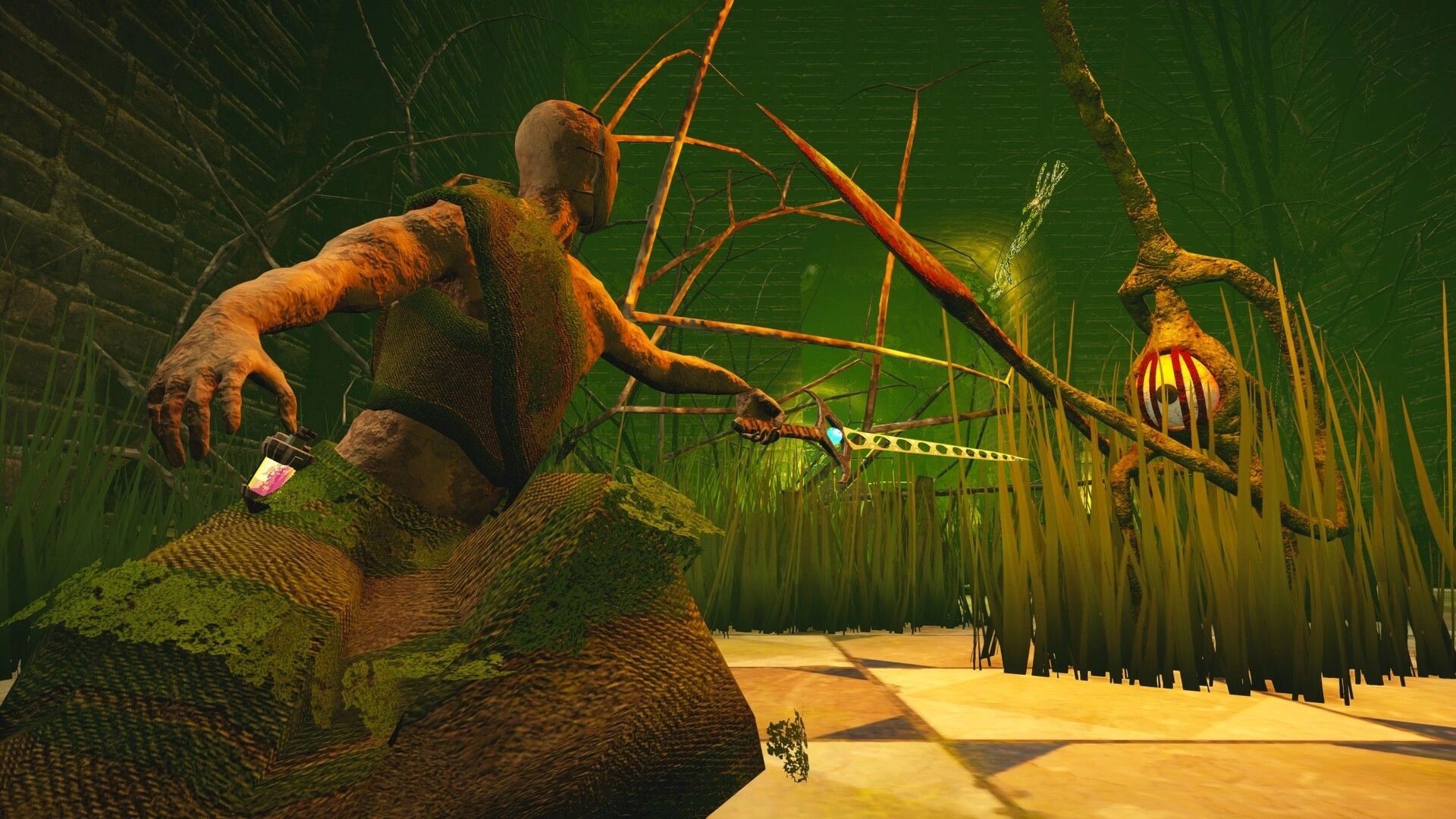 False Hero: Warrior crouches with sword drawn facing egg-like creature in eerie green swamp reeds.