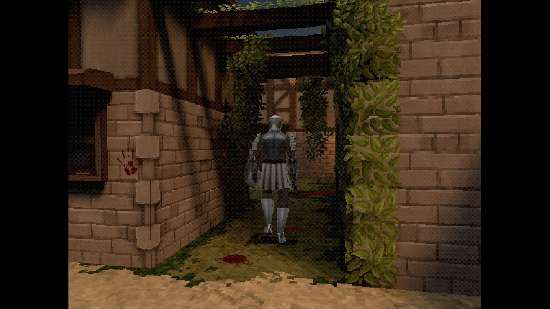 False Oath: Armored knight walks down ivy-lined stone alley with blood smears and handprint on wall.