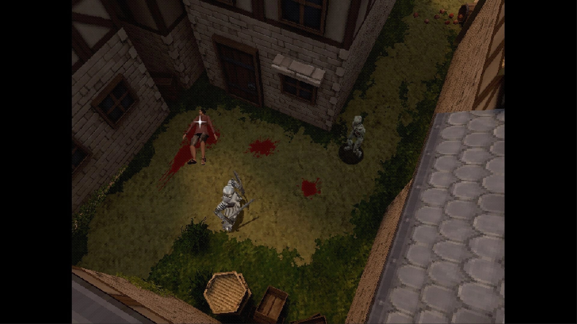 False Oath: Overhead view of a corpse with blood pools as armored knights patrol a village yard.