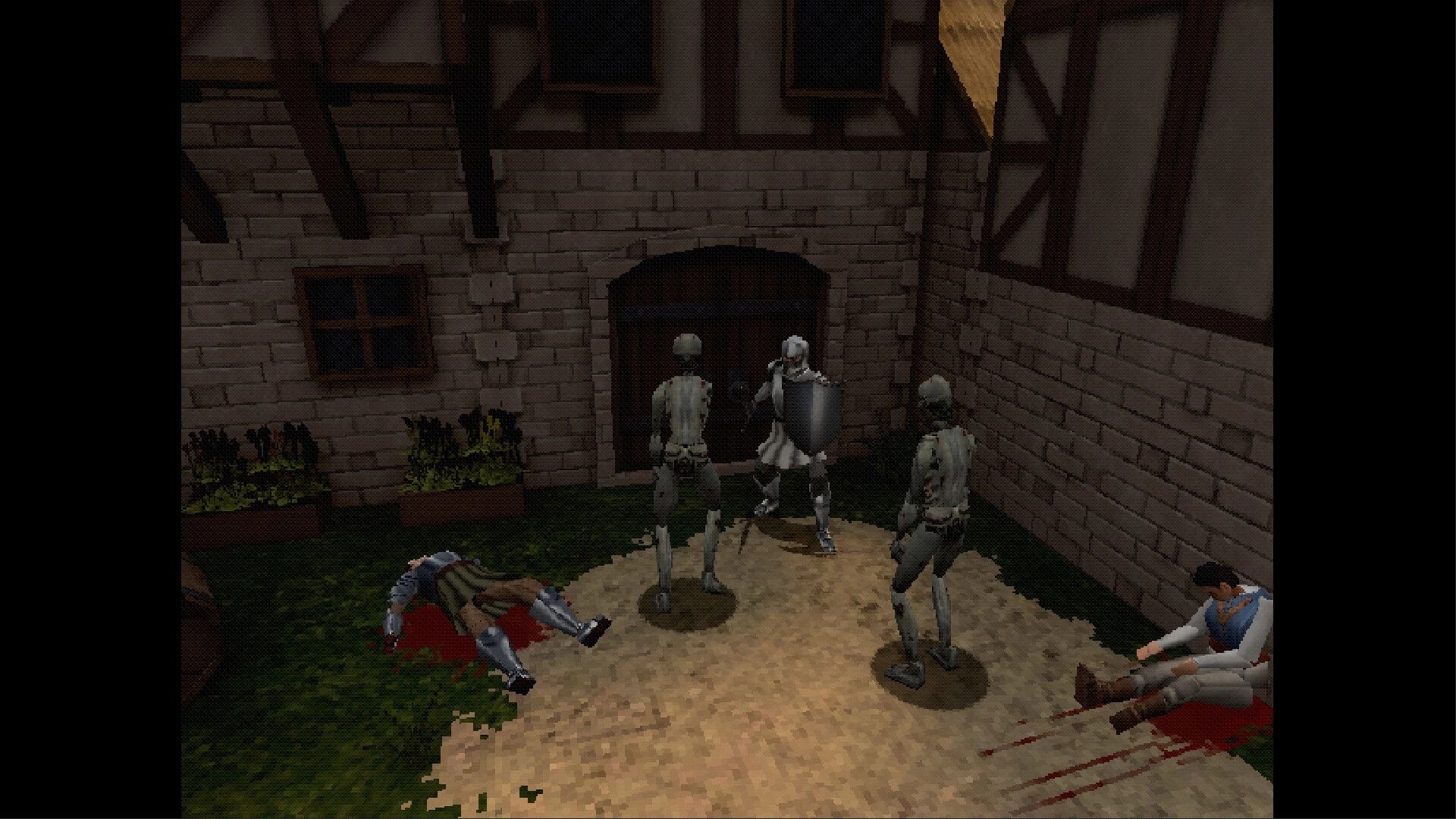 False Oath: Armored knight faces two undead in a courtyard by a wooden door, bodies nearby.