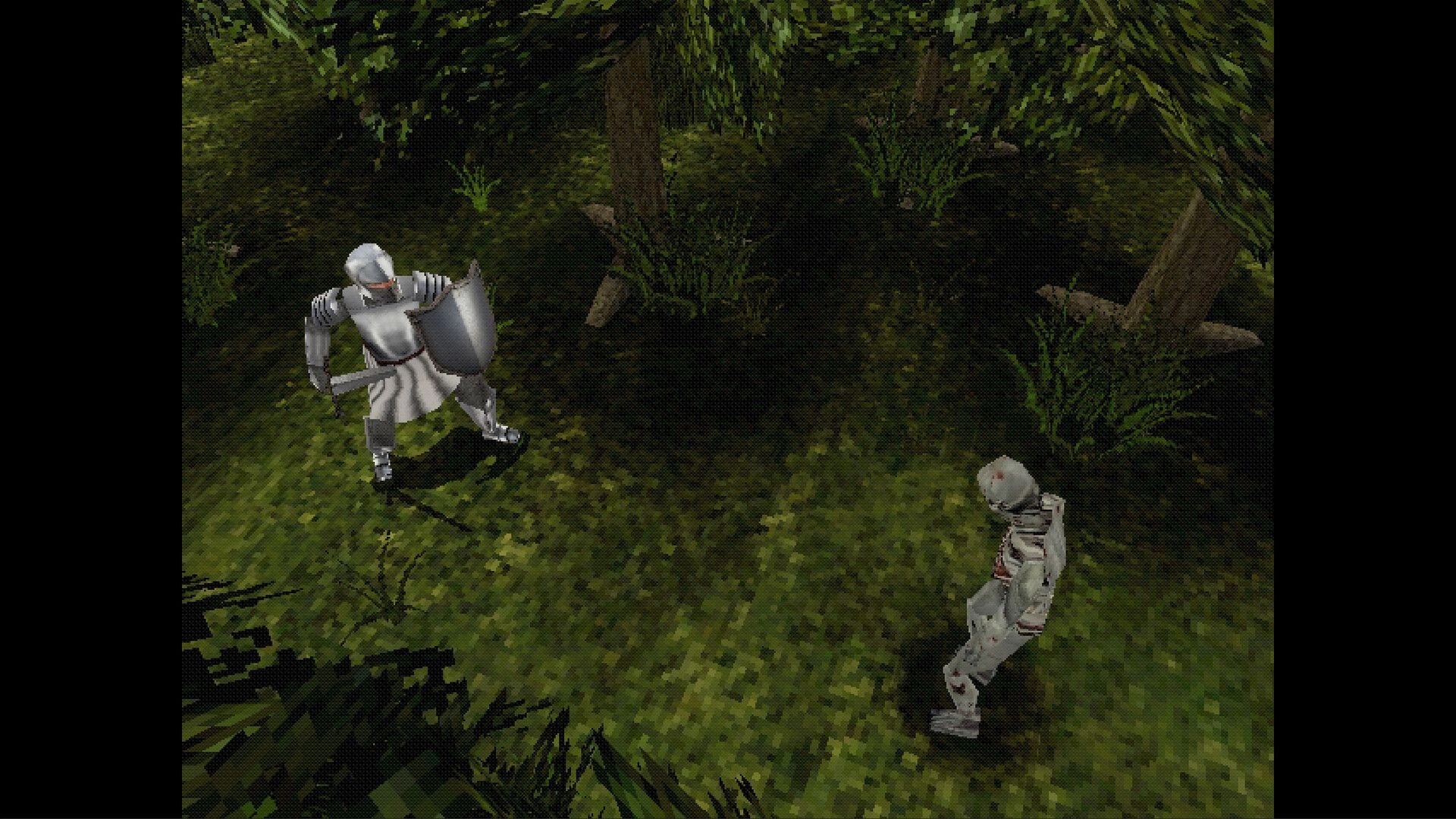 False Oath: Armored knight with shield confronts bloodstained zombie in a shadowy forest clearing.