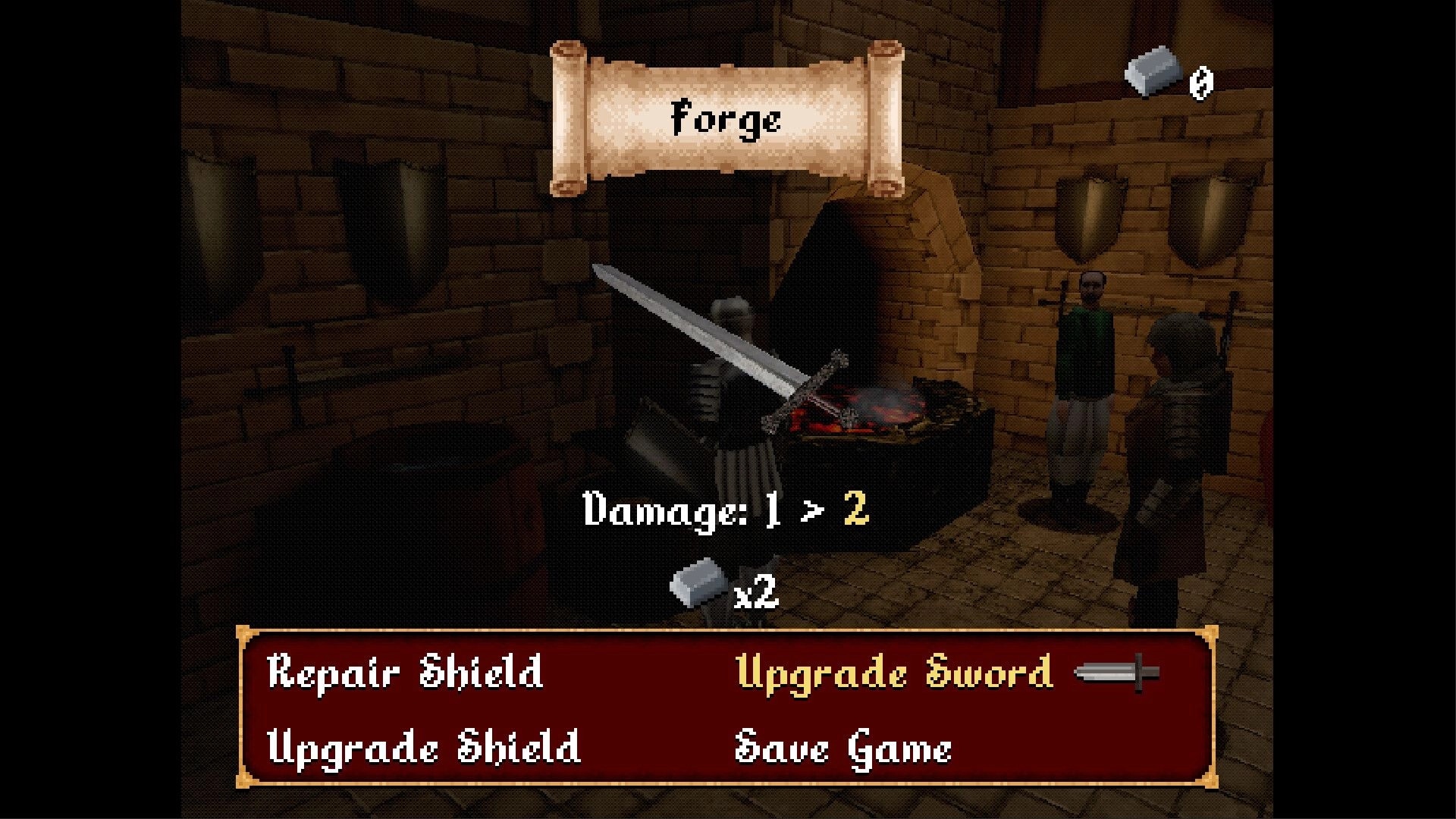 False Oath: Forge menu upgrading a sword, damage 1>2, inside brick smithy with NPCs nearby.