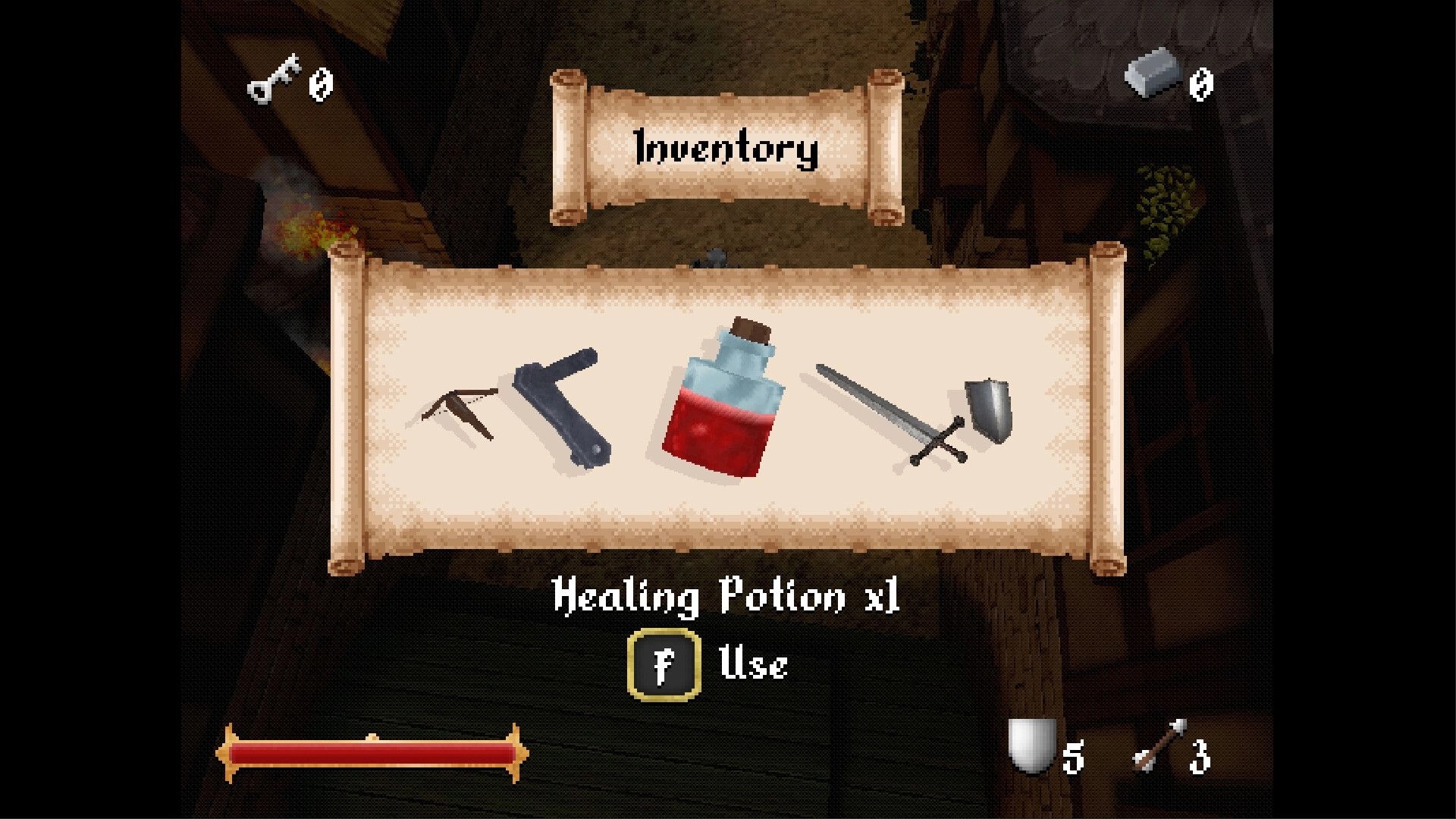 False Oath: Inventory scroll open with healing potion and weapons over dim wooden interior room.
