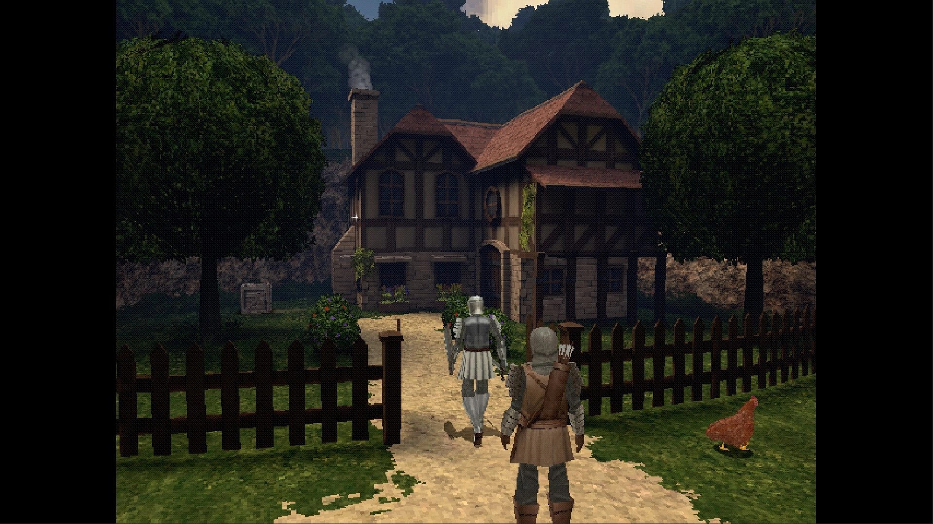 False Oath: Two armored characters walk toward a timber house past fence and trees, chicken nearby.