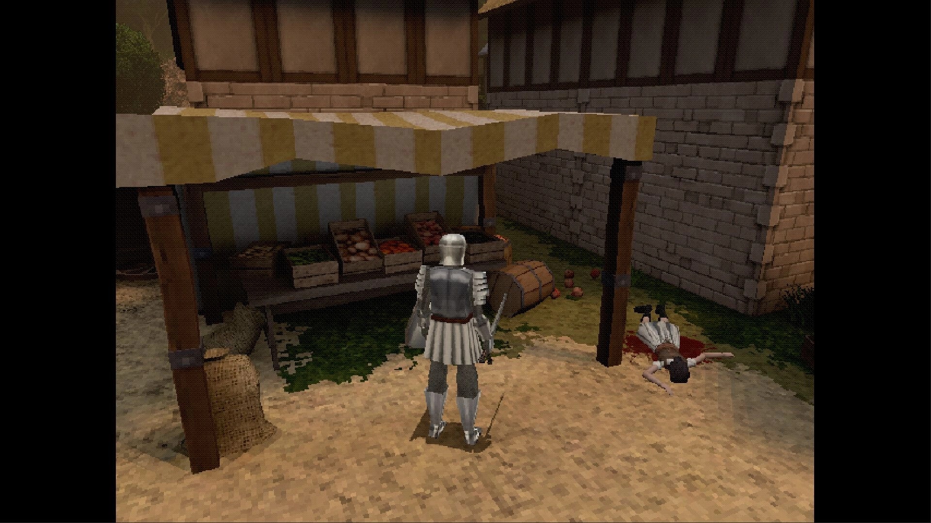 False Oath: Armored knight stands by a market stall beside a bloodied corpse in a stone alley.