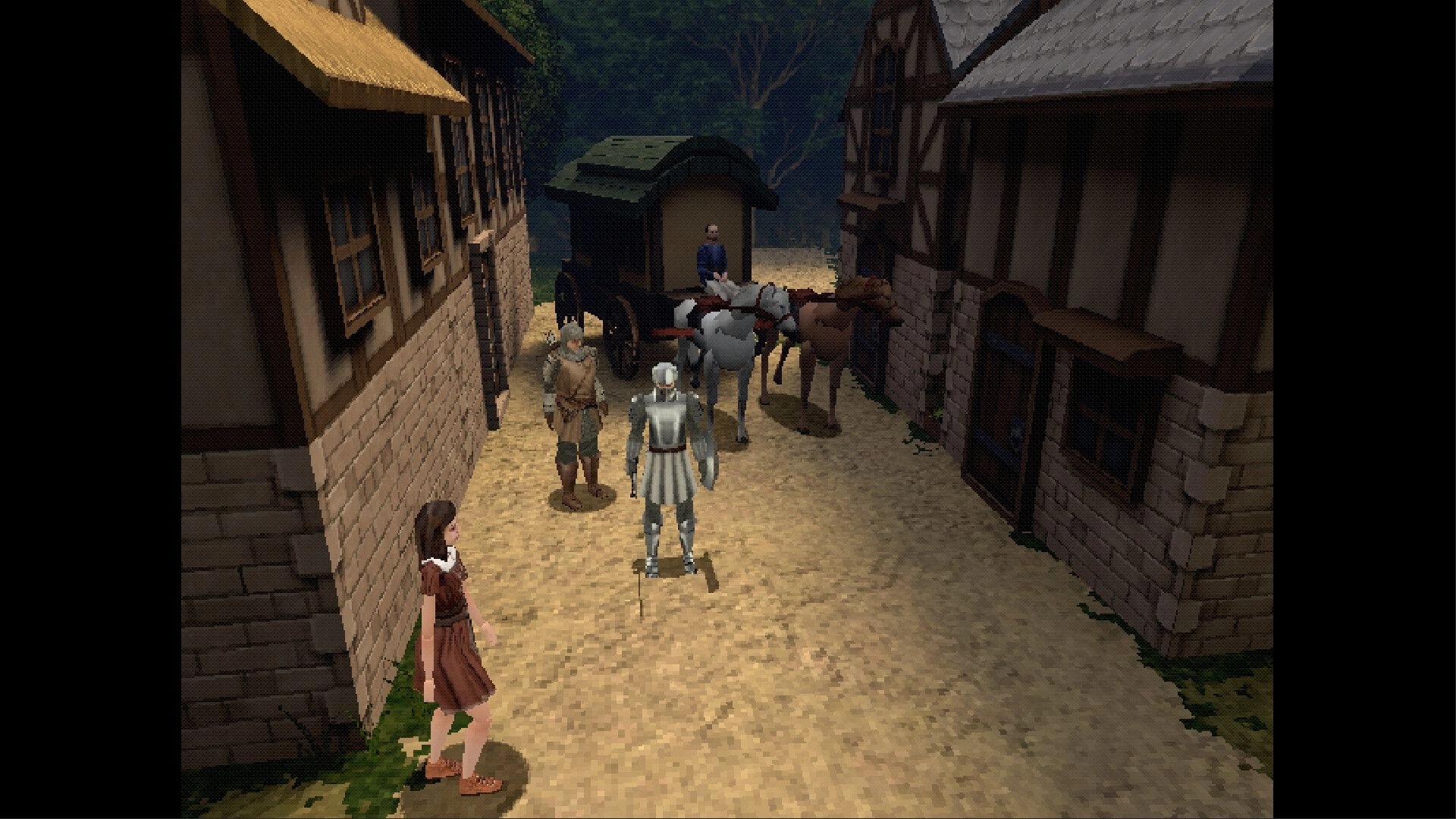 False Oath: Armored knight faces villagers and a horse cart in a narrow medieval street between homes.