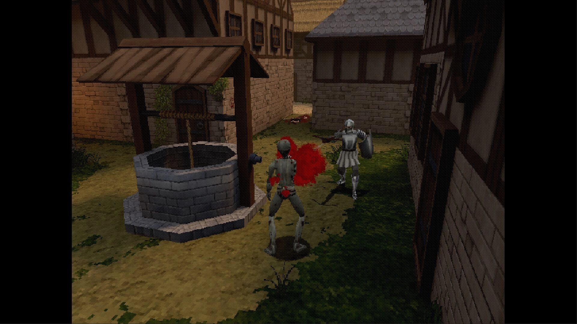 False Oath: Armored soldier strikes an undead foe by a stone well in a medieval village alleyway.