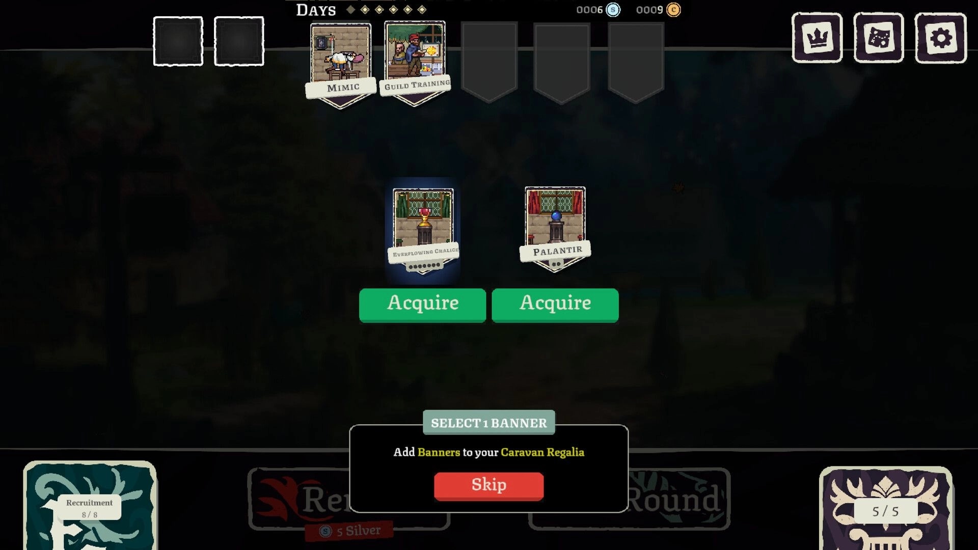 Fame Or Folly: Banner selection screen with Everflowing Chalice and Palantir cards and Acquire buttons.