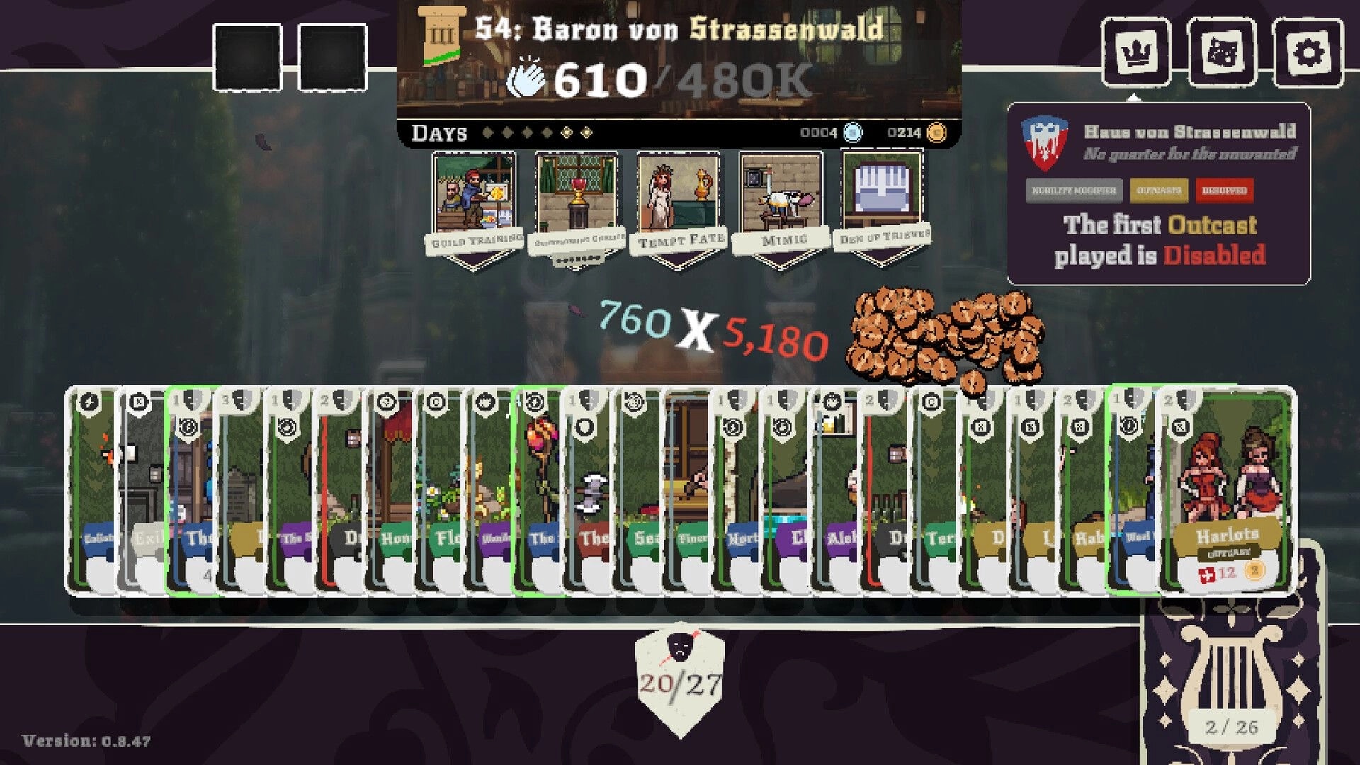 Fame Or Folly: Deckbuilder hand with many cards and score multipliers in Baron von Strassenwald show UI.