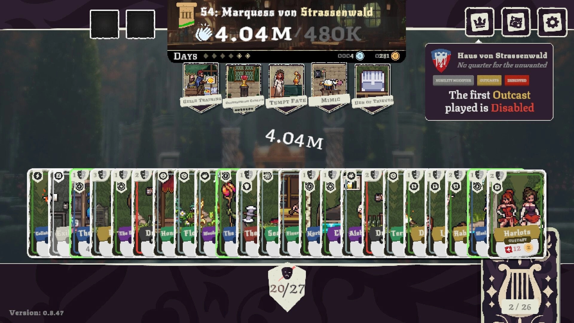Fame Or Folly: Deckbuilding UI with a long hand of cards and day events at Haus von Strassenwald.