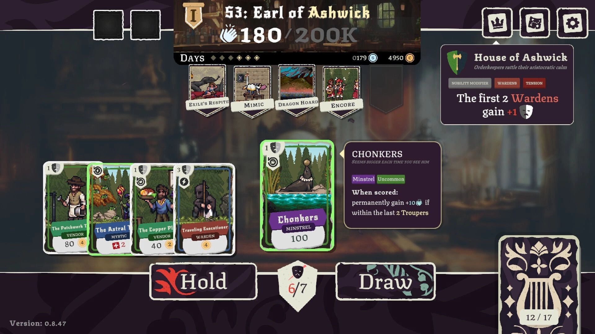 Fame Or Folly: Card draft screen selecting Chonkers minstrel, with House of Ashwick modifier panel.