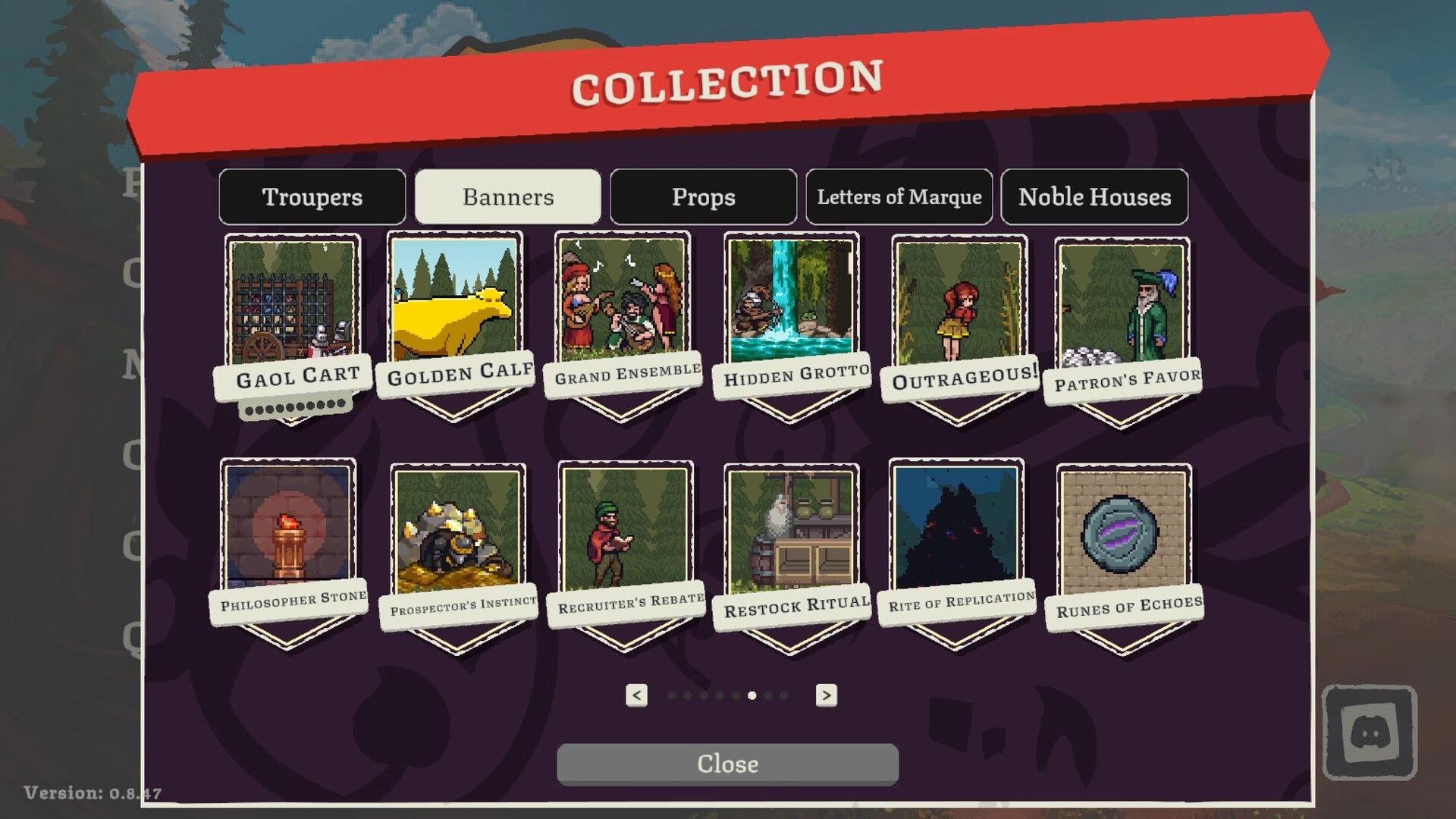 Fame Or Folly: Collection menu open on Banners tab, grid of unlockable cards and a Close button.
