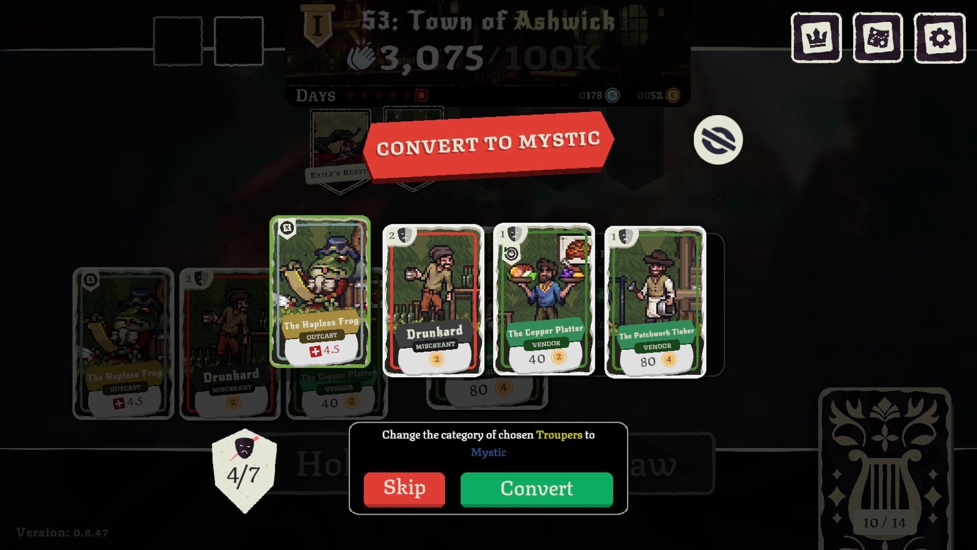 Fame Or Folly: Convert to Mystic choice screen over troupe cards in Town of Ashwick show map UI.